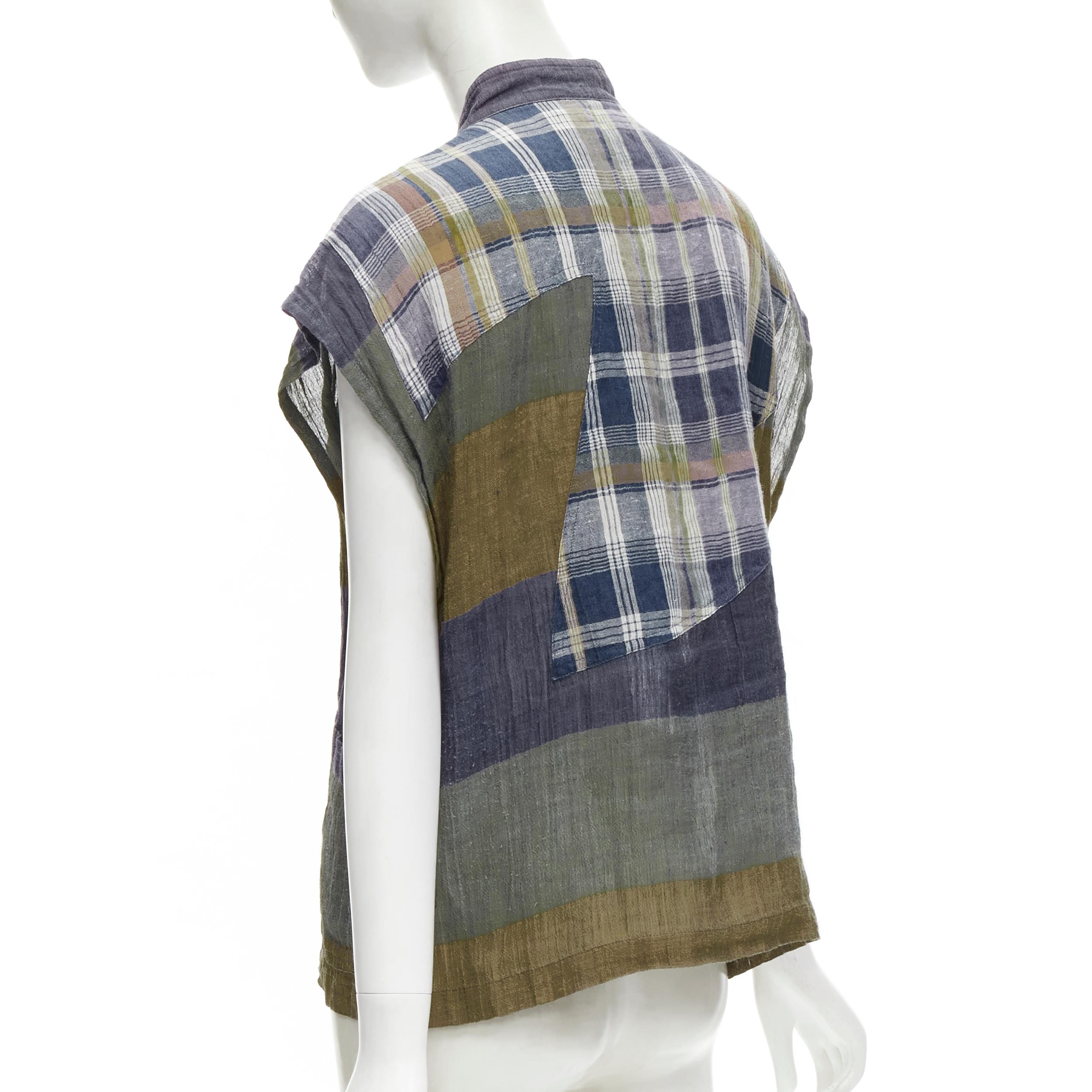 ISSEY MIYAKE Vintage 1970's 100% linen blue green check patchwork vest JP9 S For Sale 1