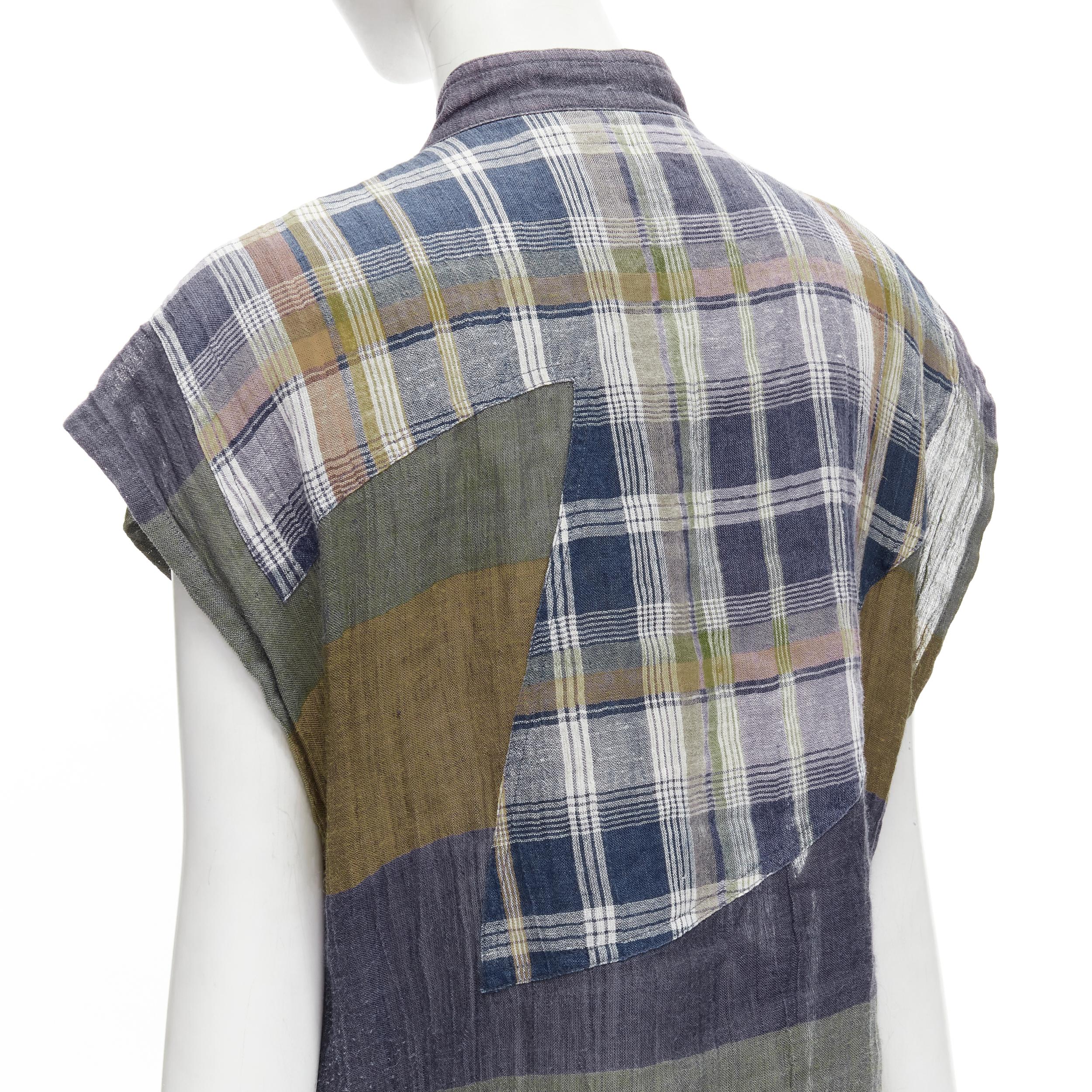 ISSEY MIYAKE Vintage 1970's 100% linen blue green check patchwork vest JP9 S For Sale 2
