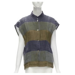 ISSEY MIYAKE Vintage 1970's 100% linen blue green check patchwork vest JP9 S