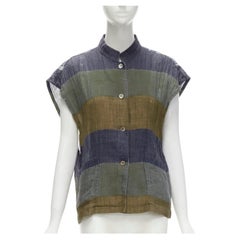 ISSEY MIYAKE Retro 1970's 100% linen blue green check patchwork vest JP9 S