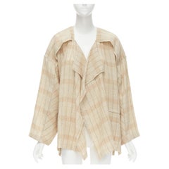 Issey Miyake Vintage 1980's beige check linen draped collar cocoon coat M