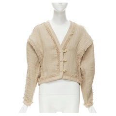 ISSEY MIYAKE Vintage 1980s beige fringe frayed wool linen cropped boxy coat M