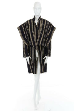 ISSEY MIYAKE Vintage 1980s black gold striped samurai shoulder wool coat M