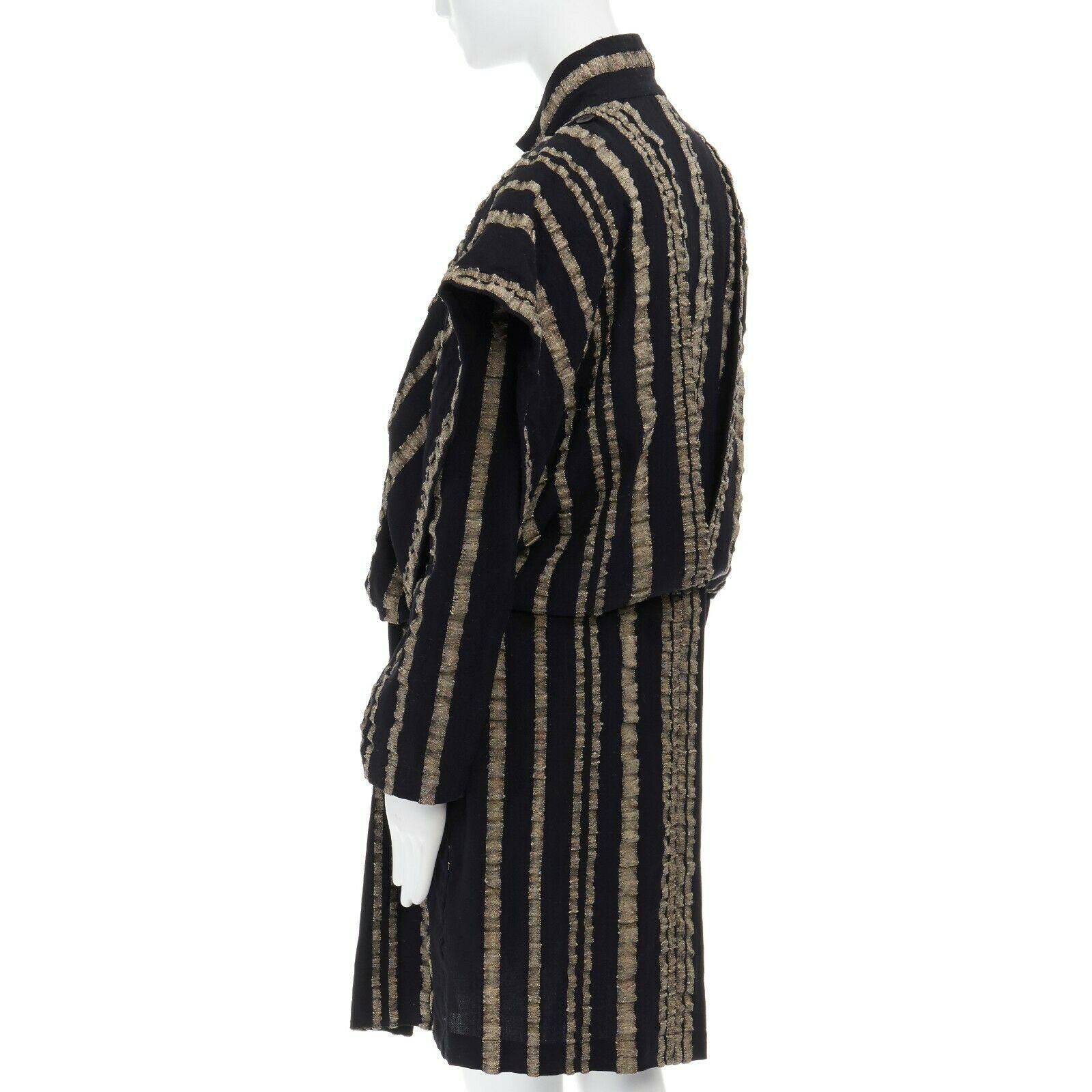 ISSEY MIYAKE Vintage 1980s black gold striped samurai shoulder wool coat M In Excellent Condition In Hong Kong, NT