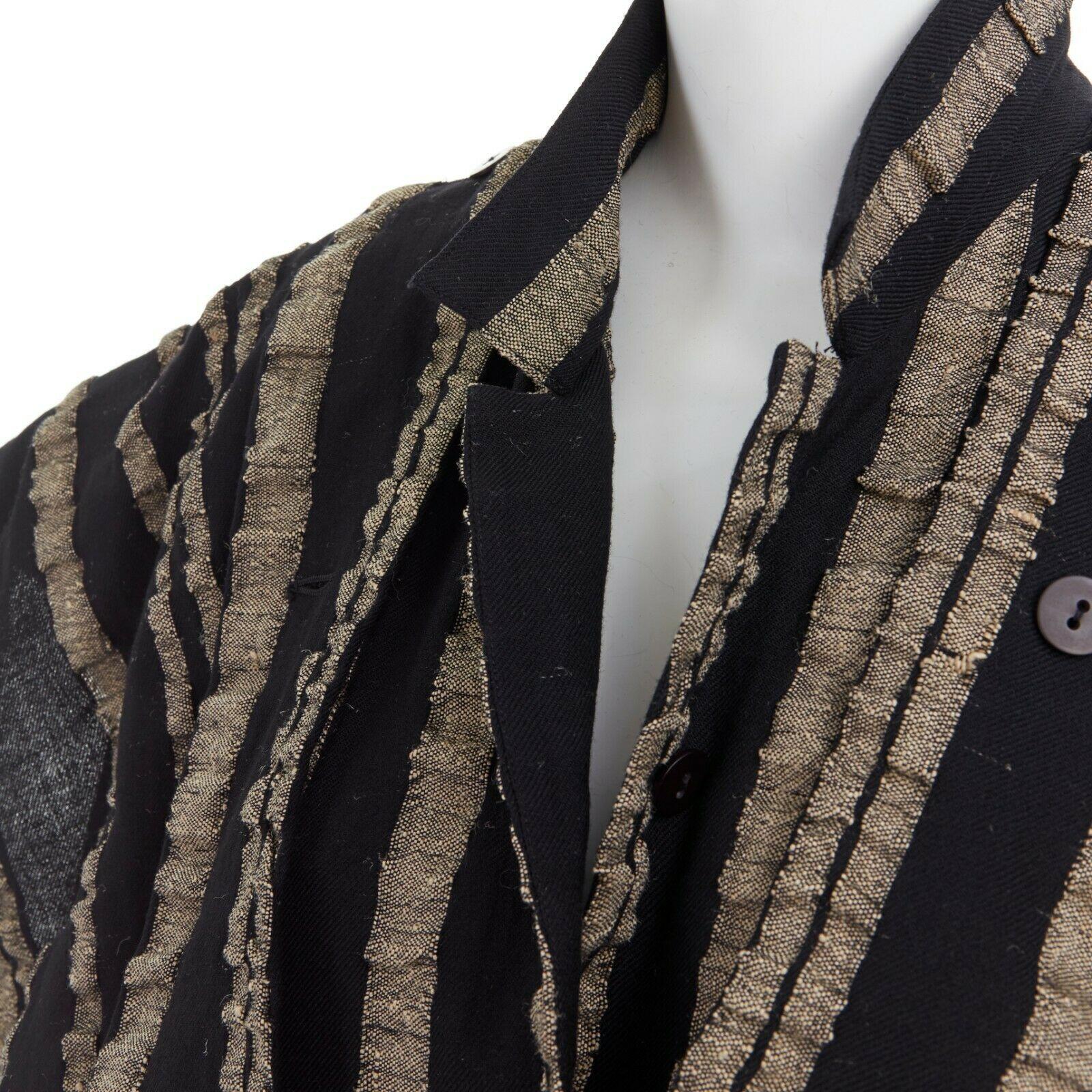 Women's or Men's ISSEY MIYAKE Vintage 1980s black gold striped samurai shoulder wool coat M