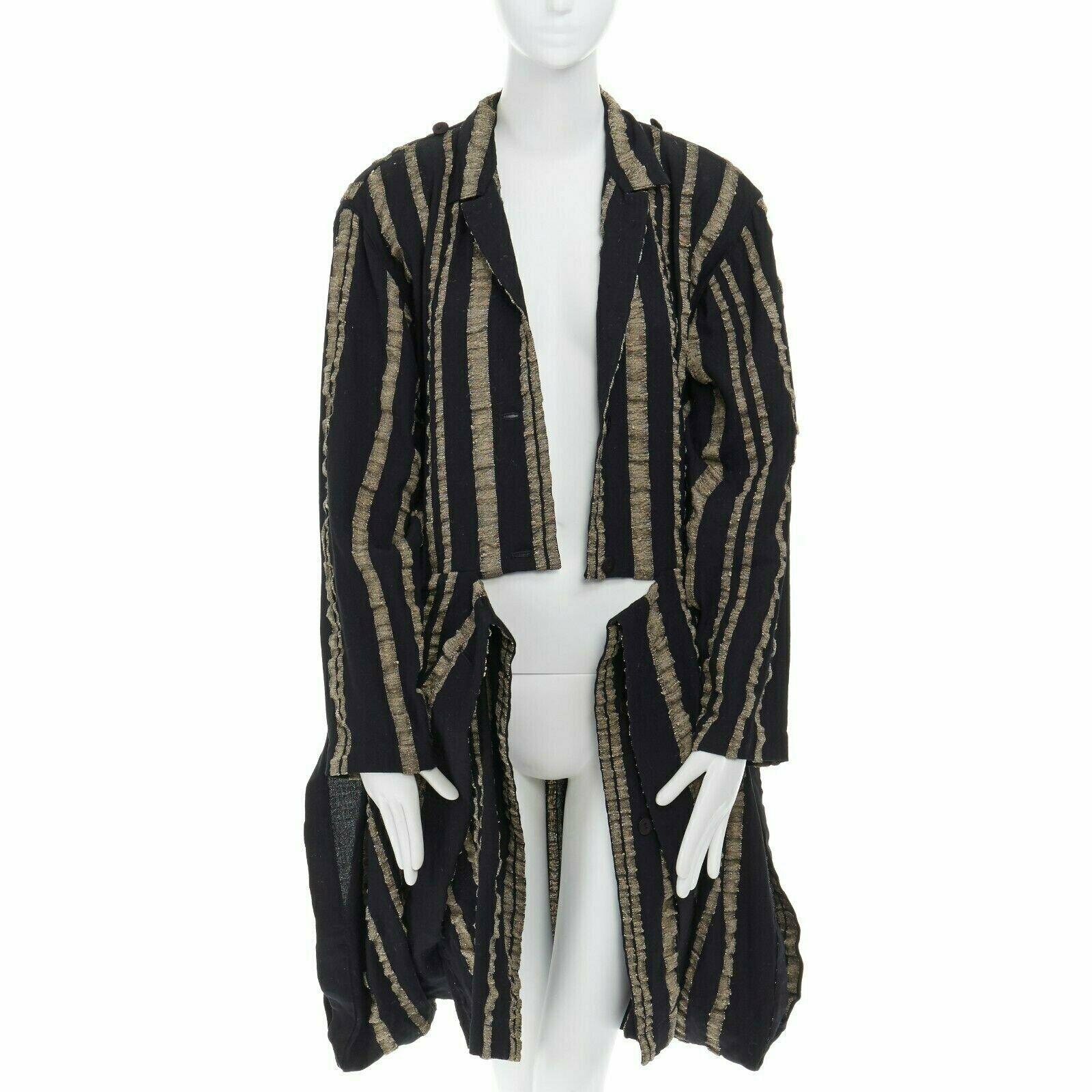 Black ISSEY MIYAKE Vintage 1980s black gold striped samurai shoulder wool coat M US8 For Sale