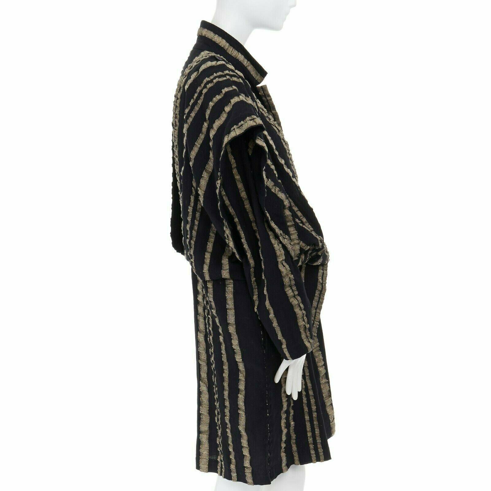 Women's ISSEY MIYAKE Vintage 1980s black gold striped samurai shoulder wool coat M US8