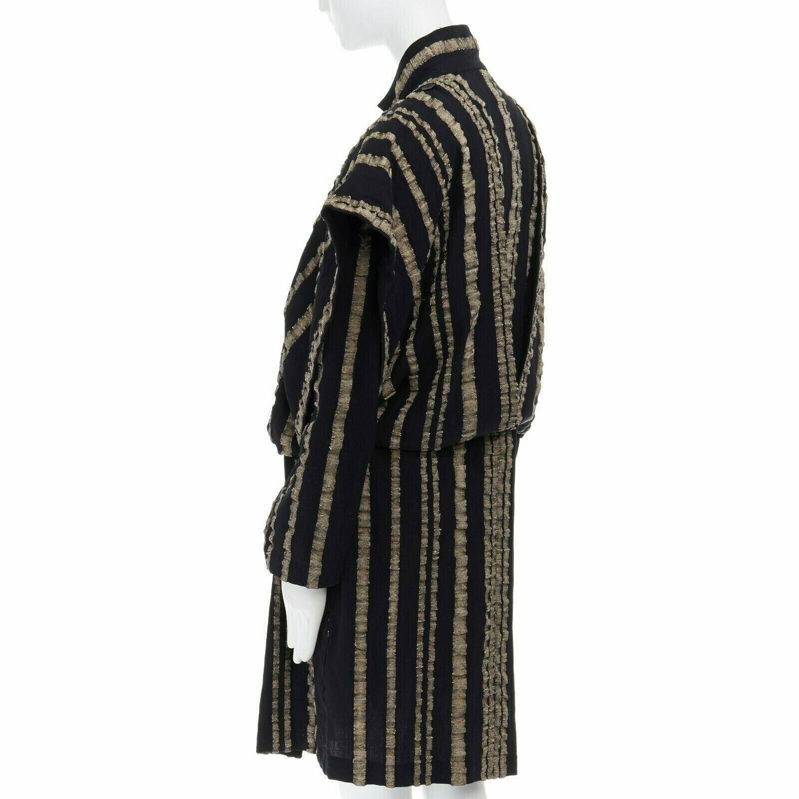 ISSEY MIYAKE Vintage 1980s black gold striped samurai shoulder wool coat M US8 For Sale 2