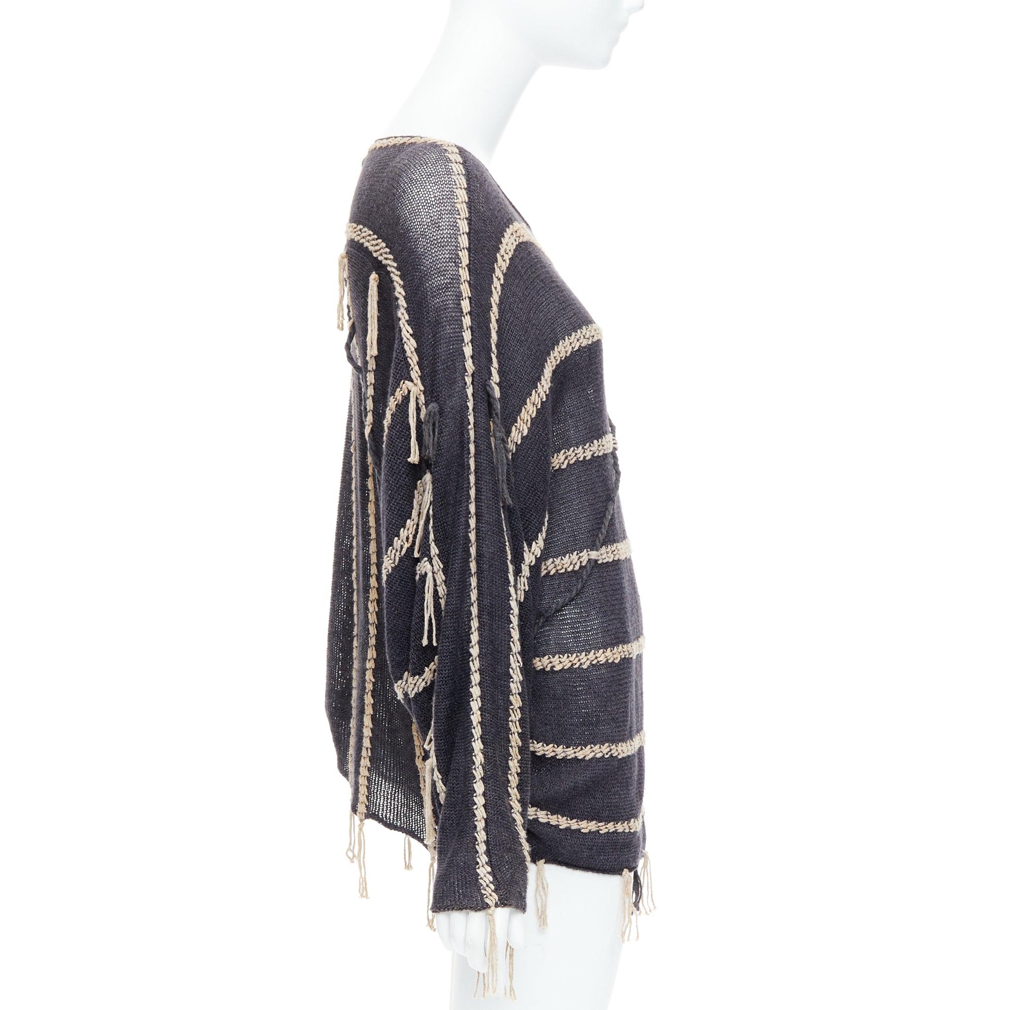 ISSEY MIYAKE Vintage 1980s light grey striped paneled side fringe trim skirt M In Excellent Condition For Sale In Hong Kong, NT