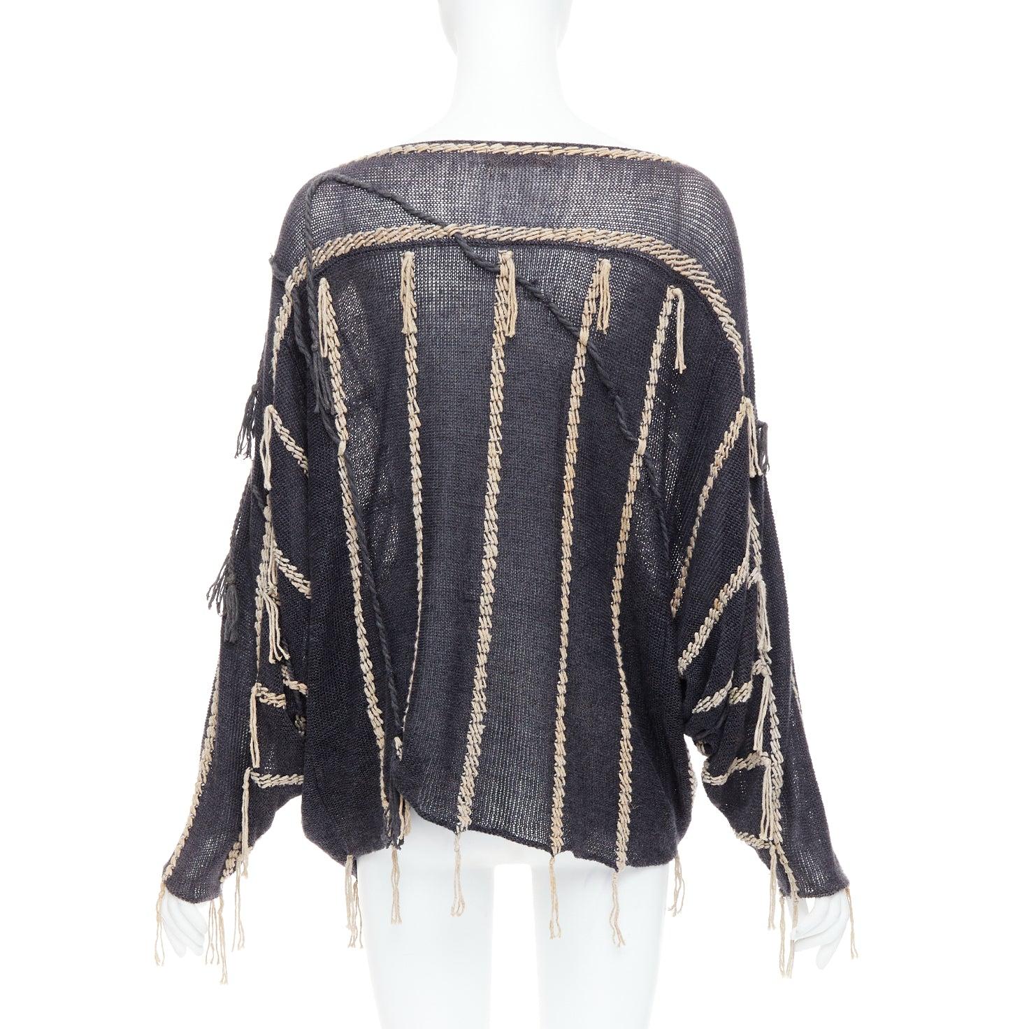 Women's ISSEY MIYAKE Vintage 1980s light grey striped paneled side fringe trim skirt M For Sale