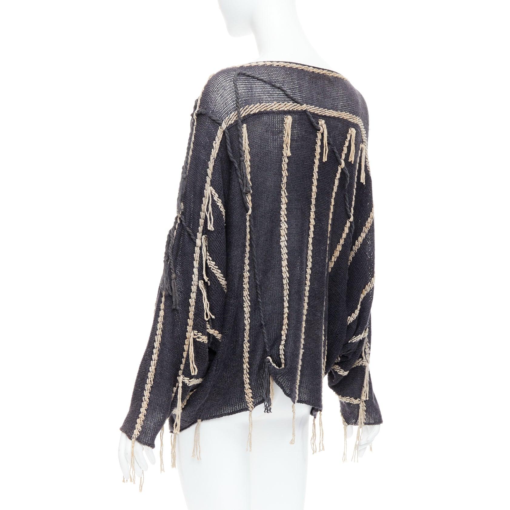 ISSEY MIYAKE Vintage 1980s light grey striped paneled side fringe trim skirt M For Sale 1
