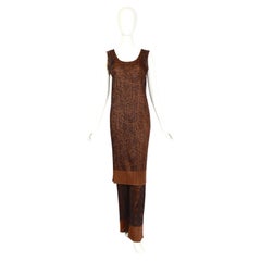 Issey Miyake vintage 1990s brown printed pleats dress and matching pants set