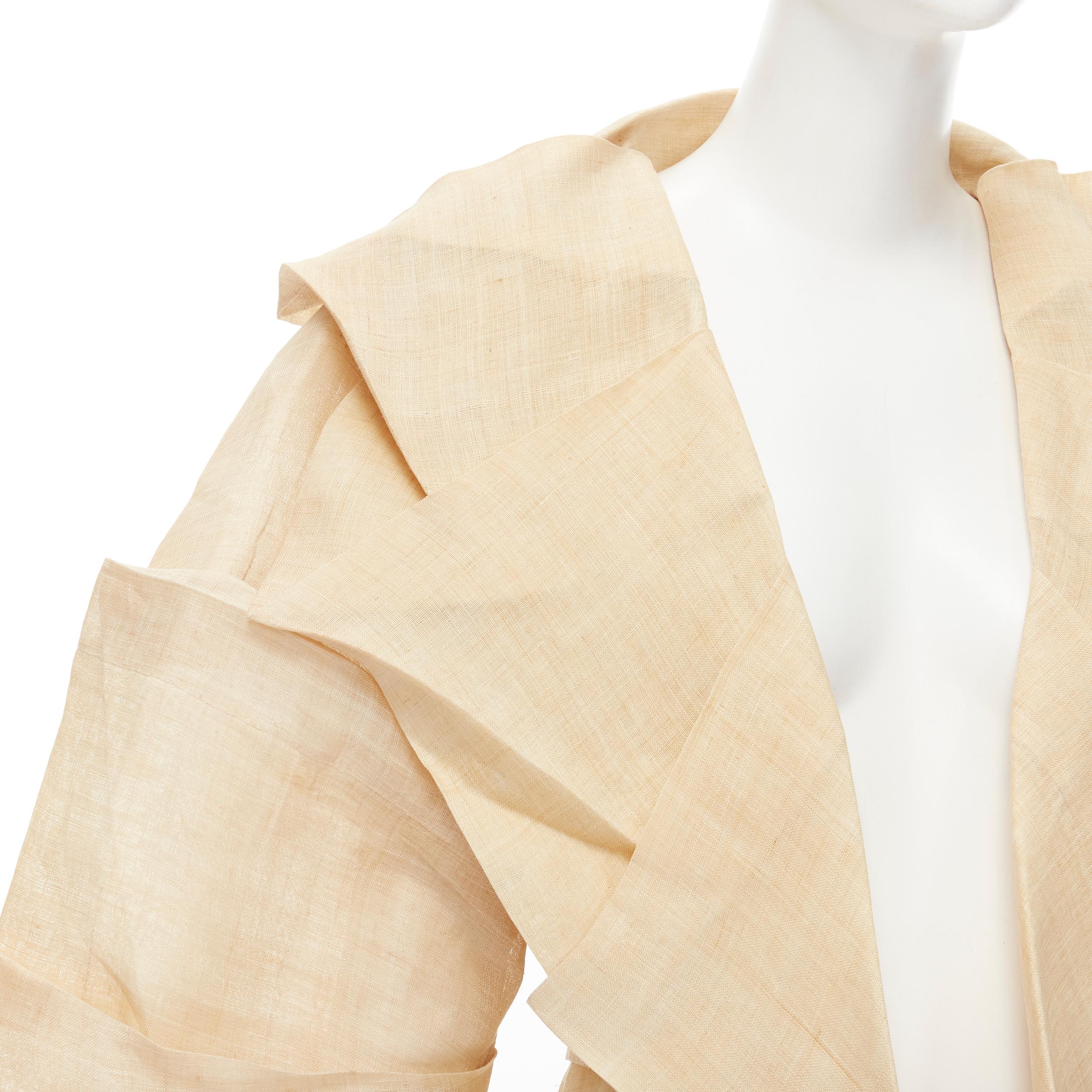 ISSEY MIYAKE Vintage 1991 Runway Dinosaur architectural pleated linen jacket XL 
Reference: CRTI/A00121 
Brand: Issey Miyake 
Collection: Spring Summer 1991 Runway 
Material: Linen 
Color: Beige 
Pattern: Solid 
Extra Detail: Highly collectible