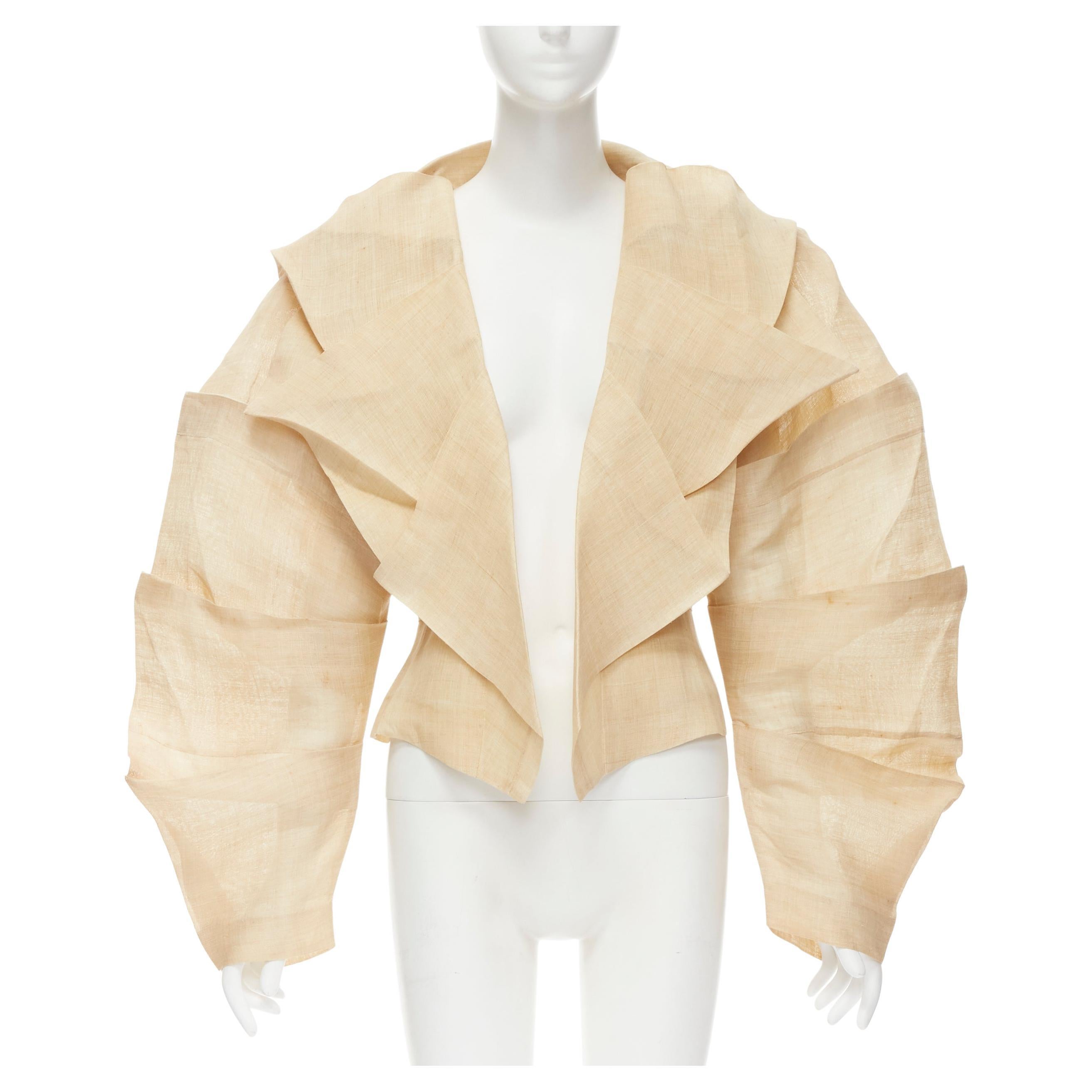 ISSEY MIYAKE Vintage 1991 Runway Dinosaur architectural pleated linen jacket XL For Sale