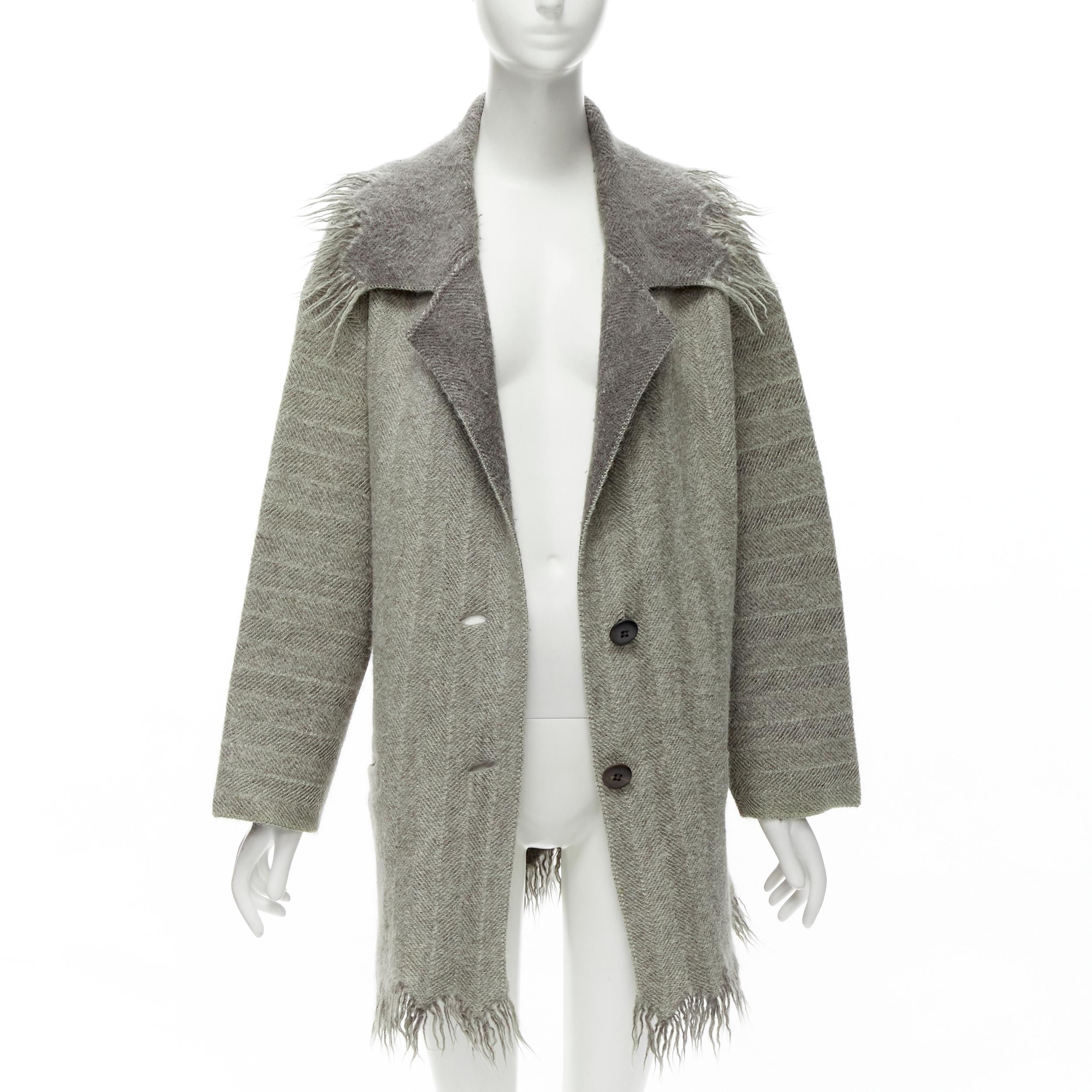 Gray ISSEY MIYAKE Vintage 1992 Runway grey frayed edge wide collar wool coat M For Sale