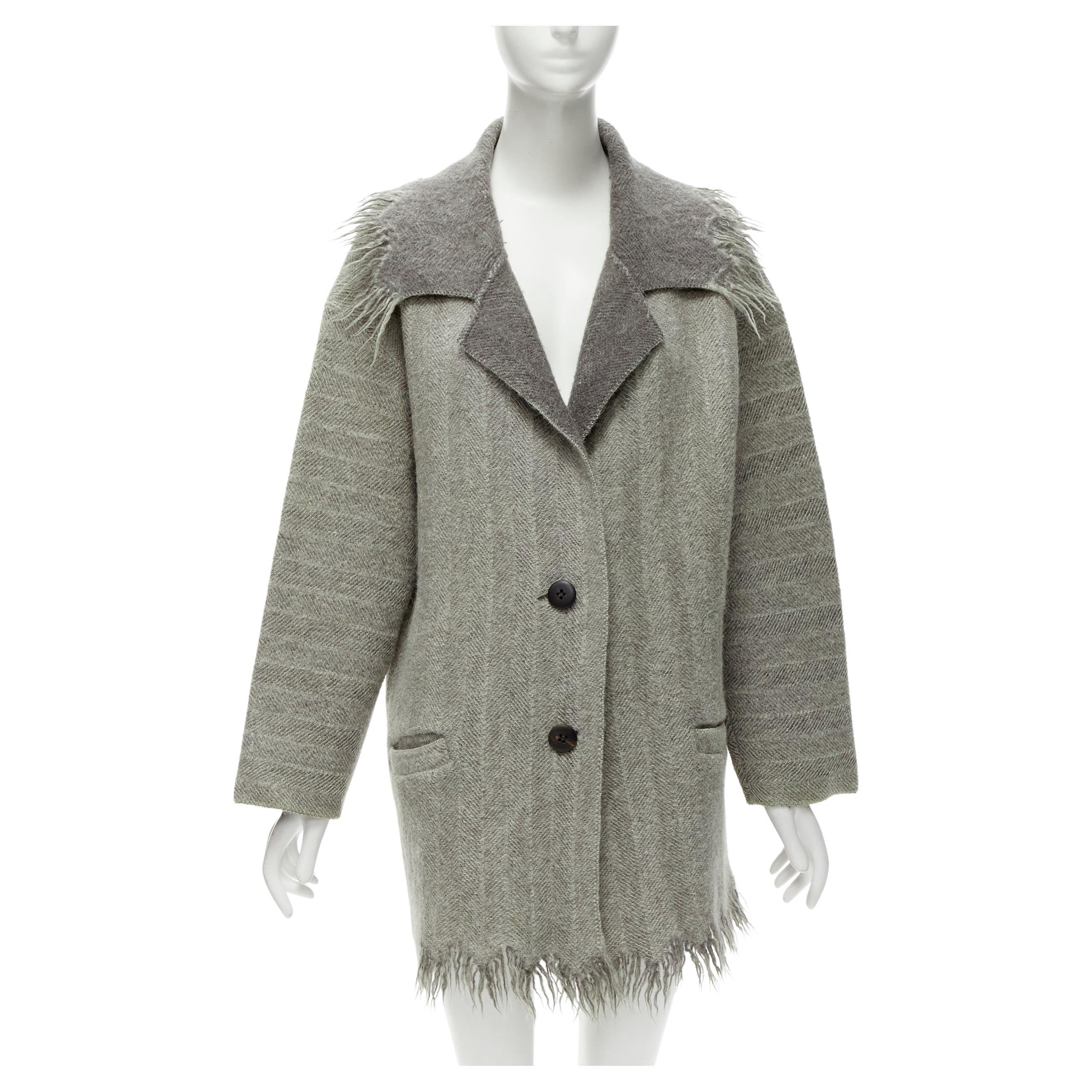 ISSEY MIYAKE Vintage 1992 Runway grey frayed edge wide collar wool coat M For Sale