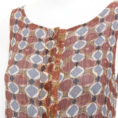 ISSEY MIYAKE Vintage Ajrakh brown blue tile print metallic ruffle pleated dress