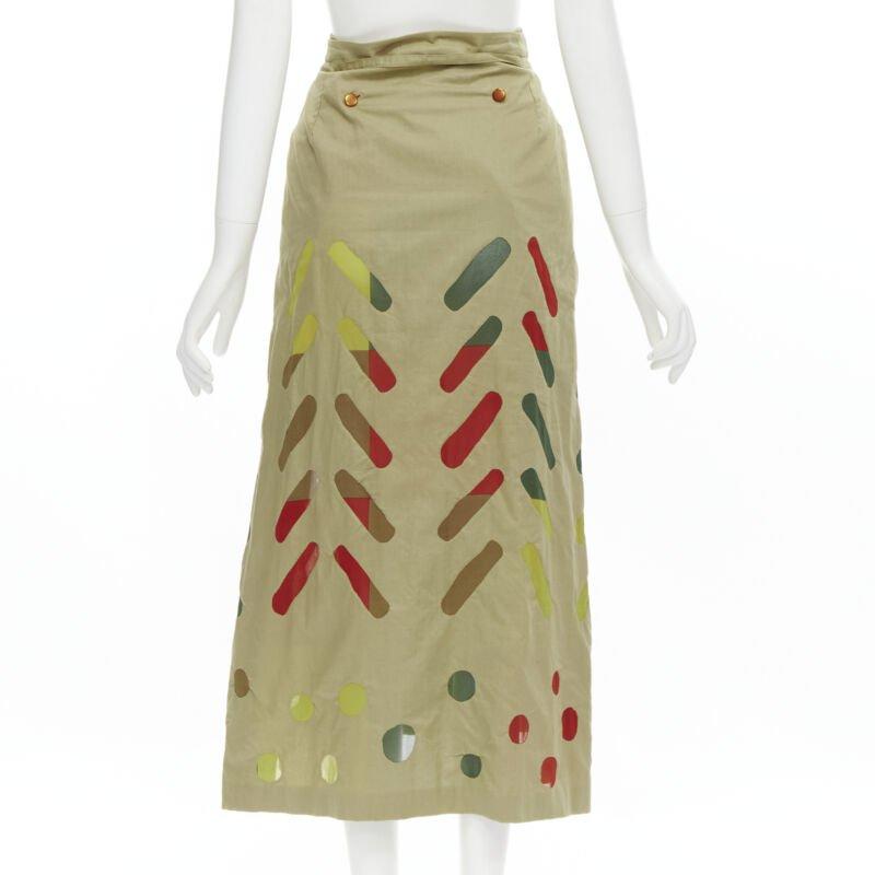 Women's ISSEY MIYAKE Vintage beige hand stitched colourful sheer panel skirt M Rare For Sale