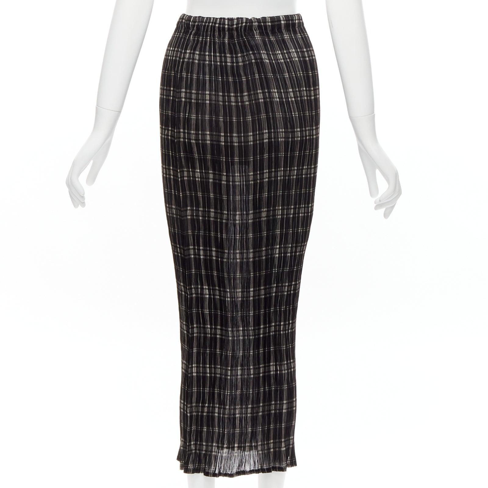 ISSEY MIYAKE Vintage black white plaid check elasticated crinkled midi skirt S 1
