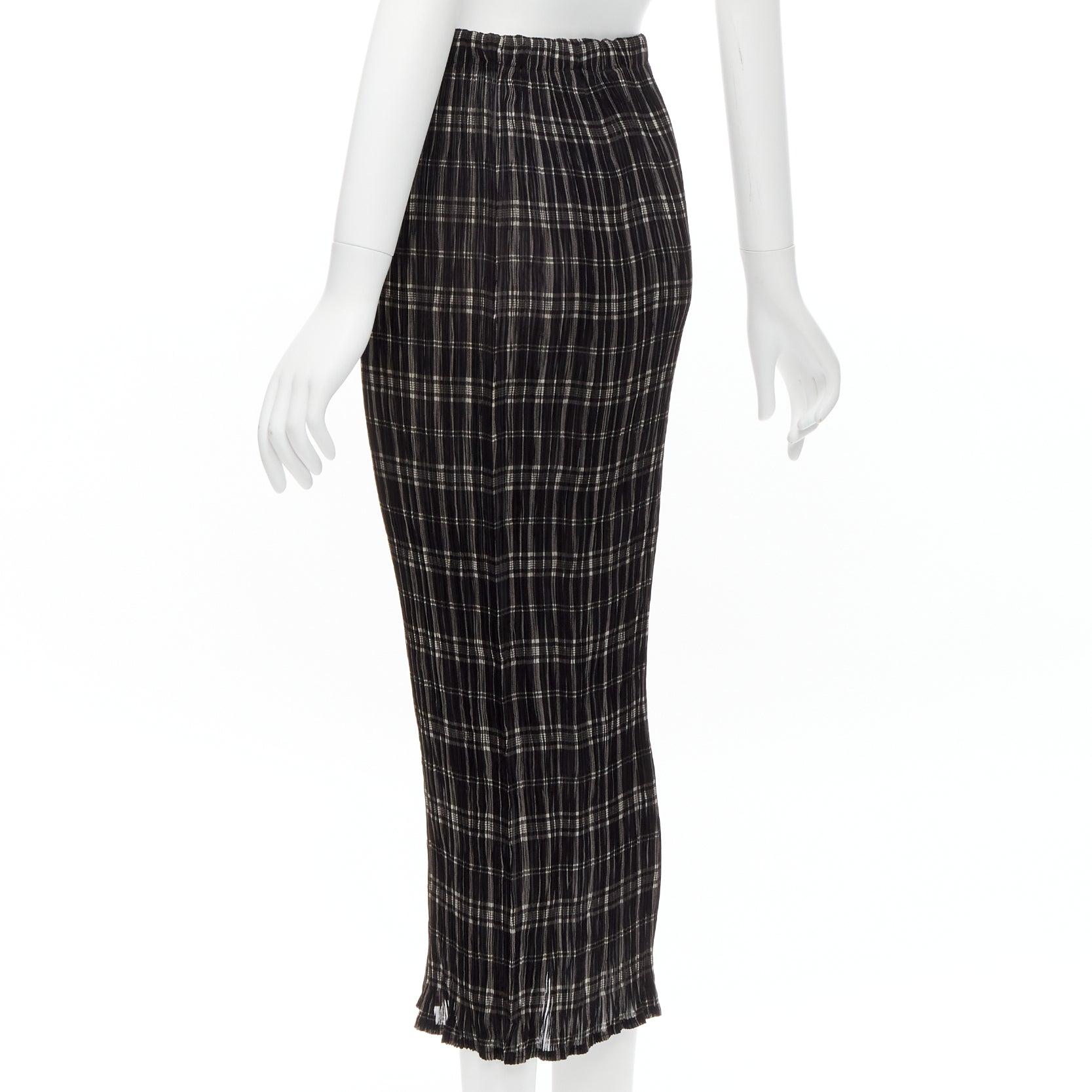 ISSEY MIYAKE Vintage black white plaid check elasticated crinkled midi skirt S 2