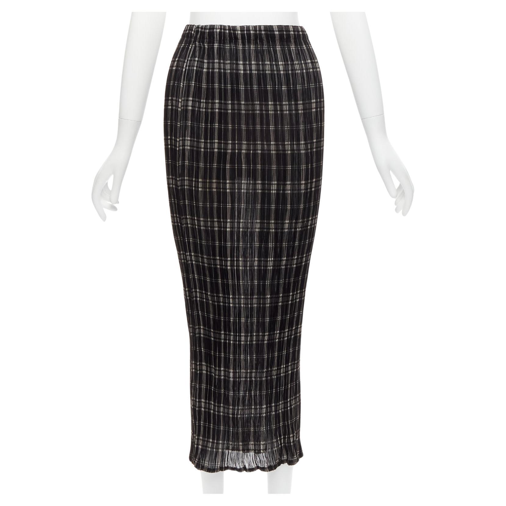 ISSEY MIYAKE Vintage black white plaid check elasticated crinkled midi skirt S