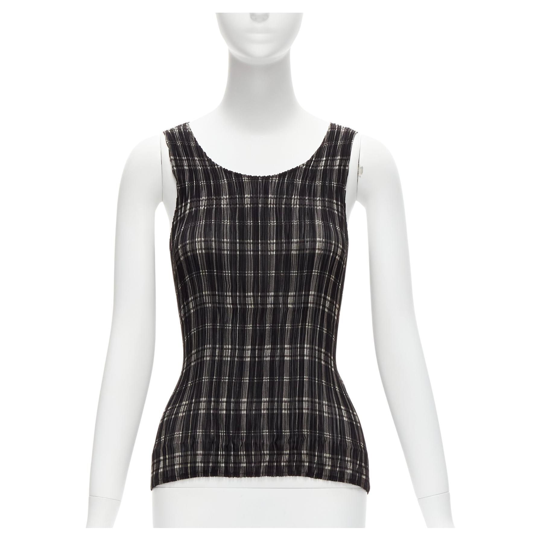 ISSEY MIYAKE Vintage black white plaid check plisse round neck tank top S For Sale