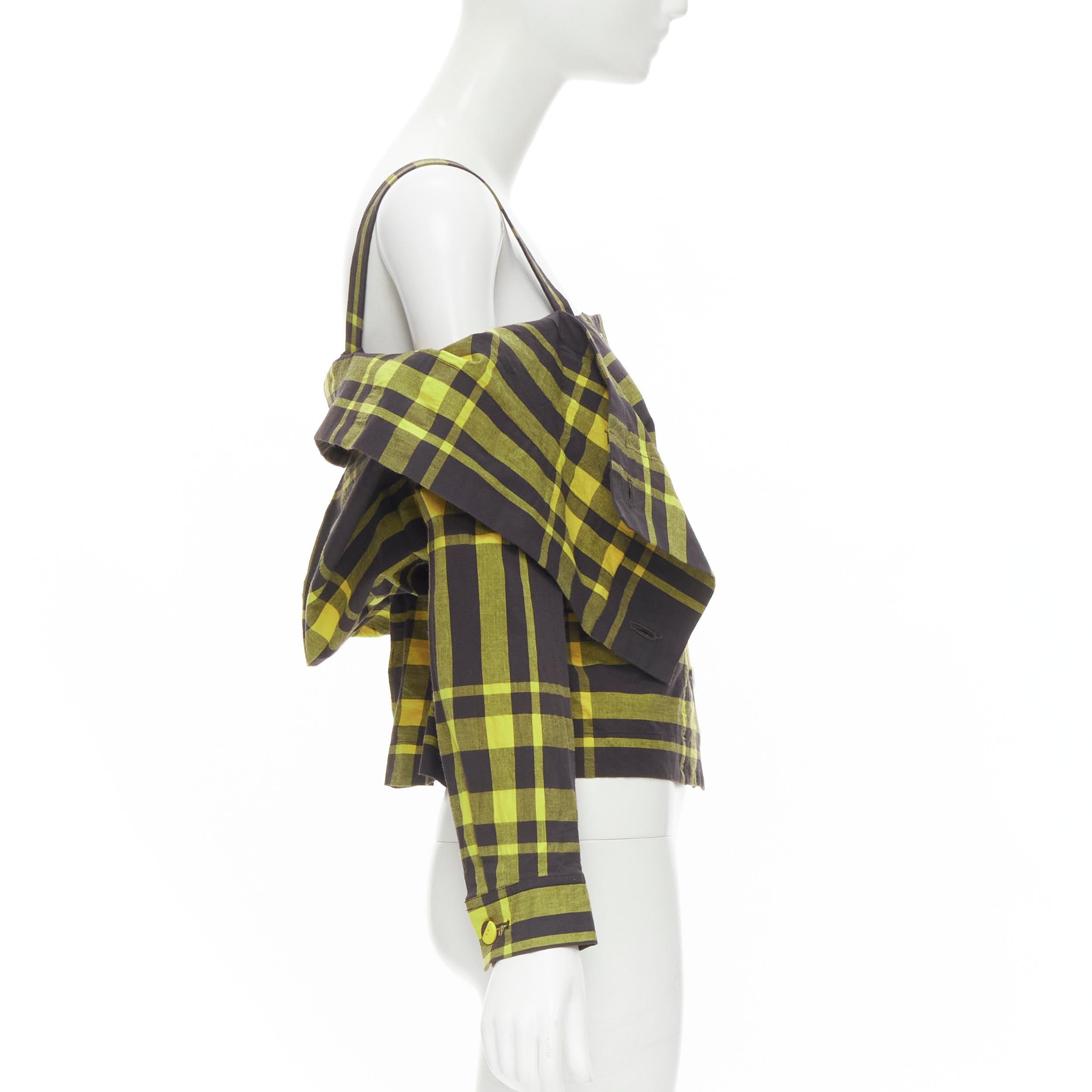 ISSEY MIYAKE Vintage black yellow check plaid cotton stand collar shirt S In Excellent Condition For Sale In Hong Kong, NT