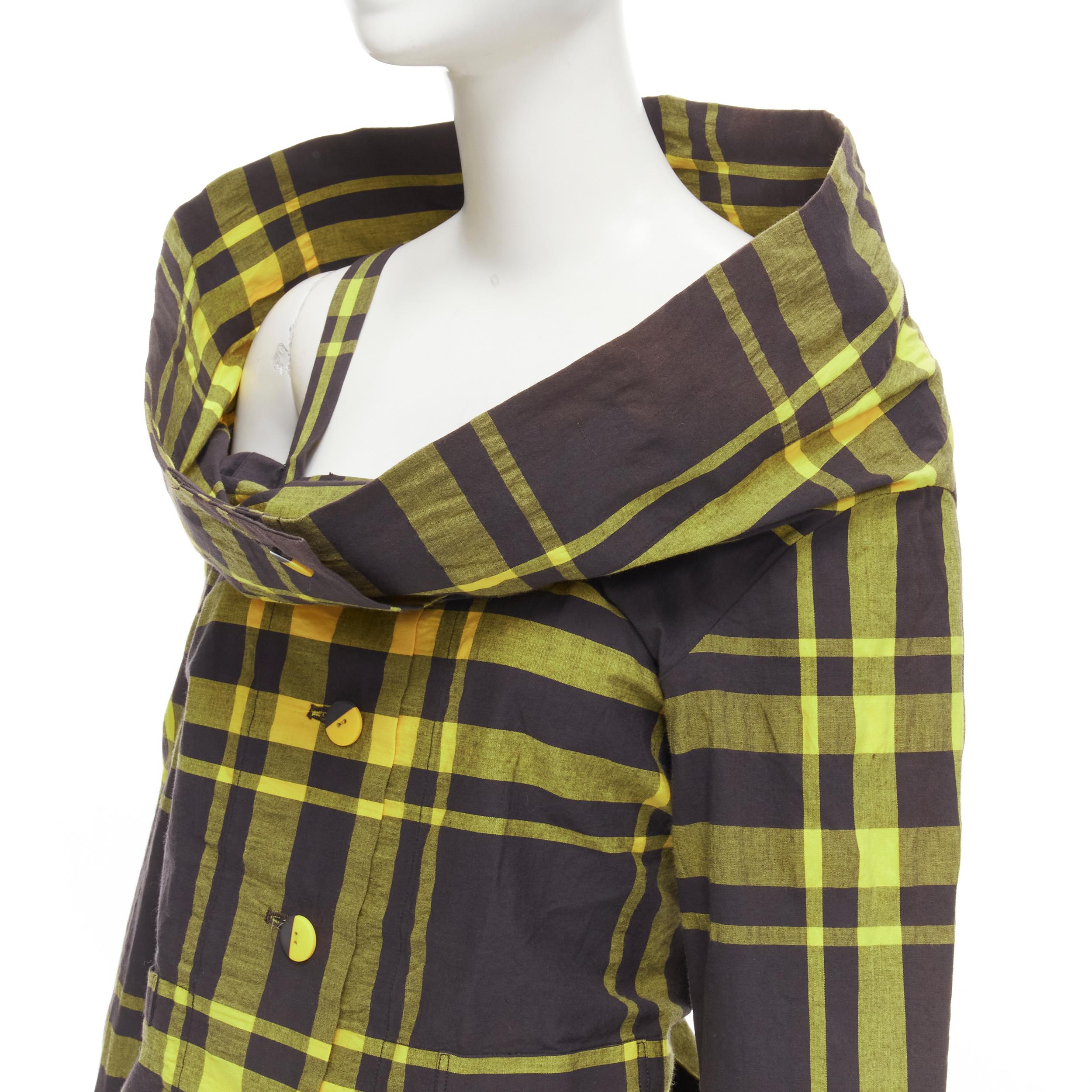 ISSEY MIYAKE Vintage black yellow check plaid cotton stand collar shirt S For Sale 2