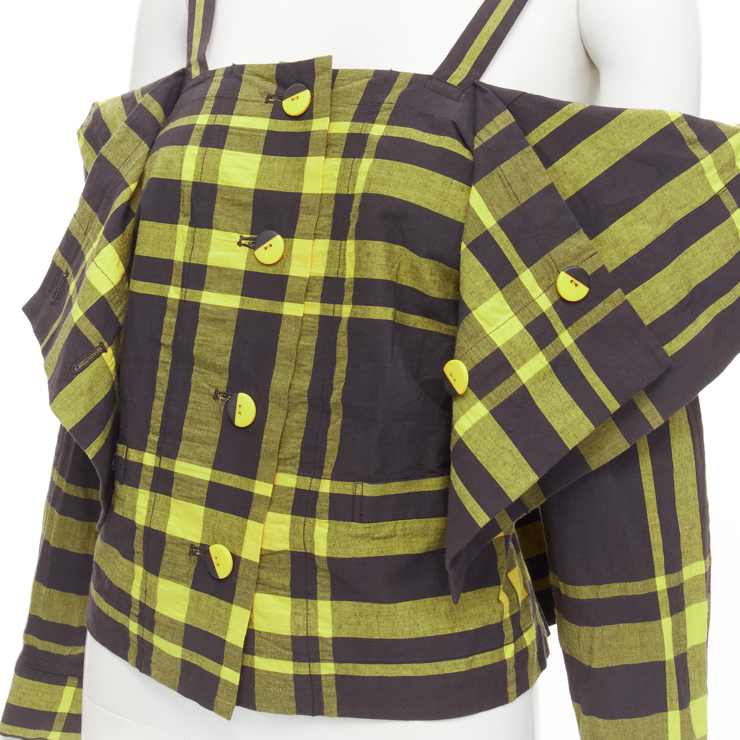 ISSEY MIYAKE Vintage black yellow check plaid cotton stand collar shirt S For Sale 3