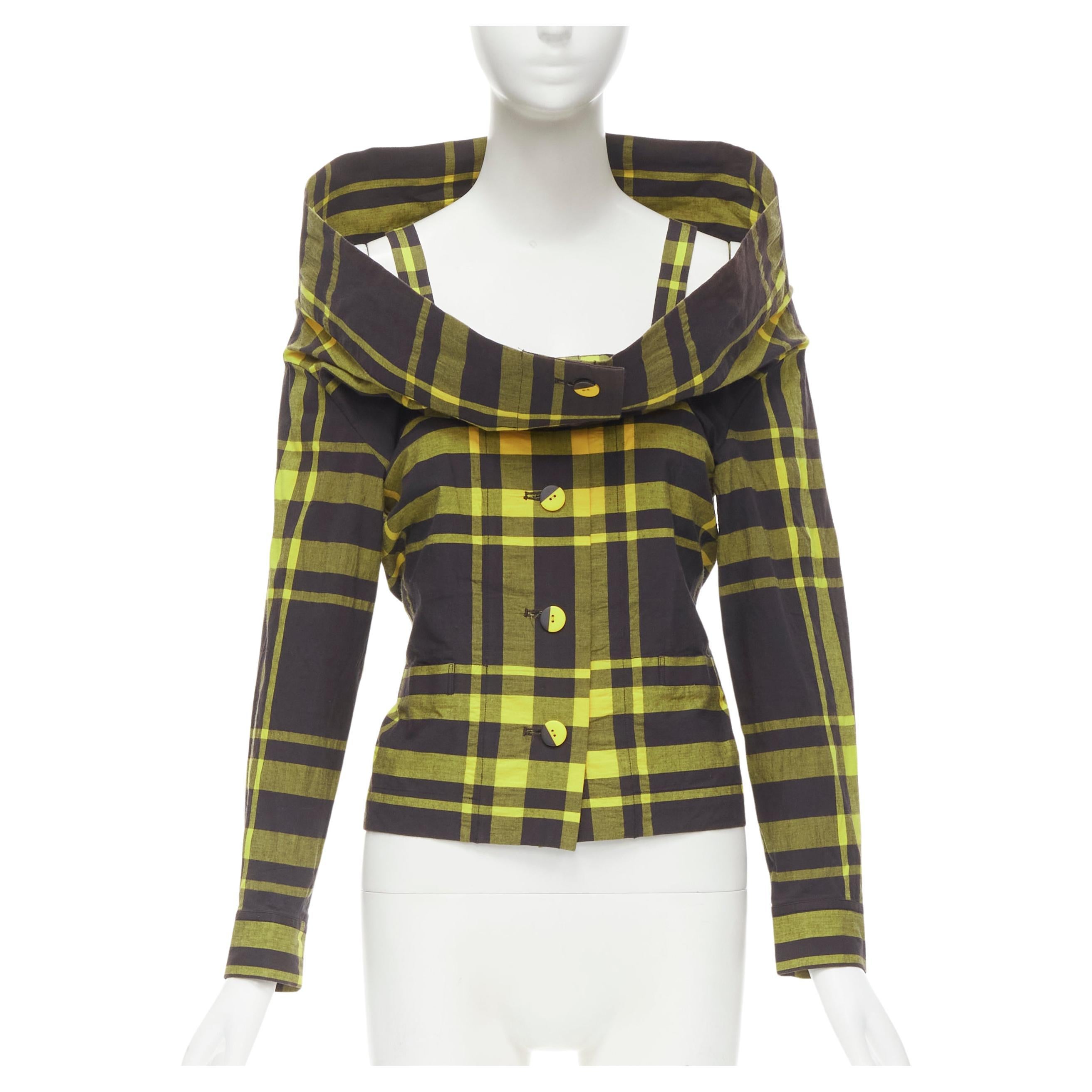 ISSEY MIYAKE Vintage black yellow check plaid cotton stand collar shirt S For Sale