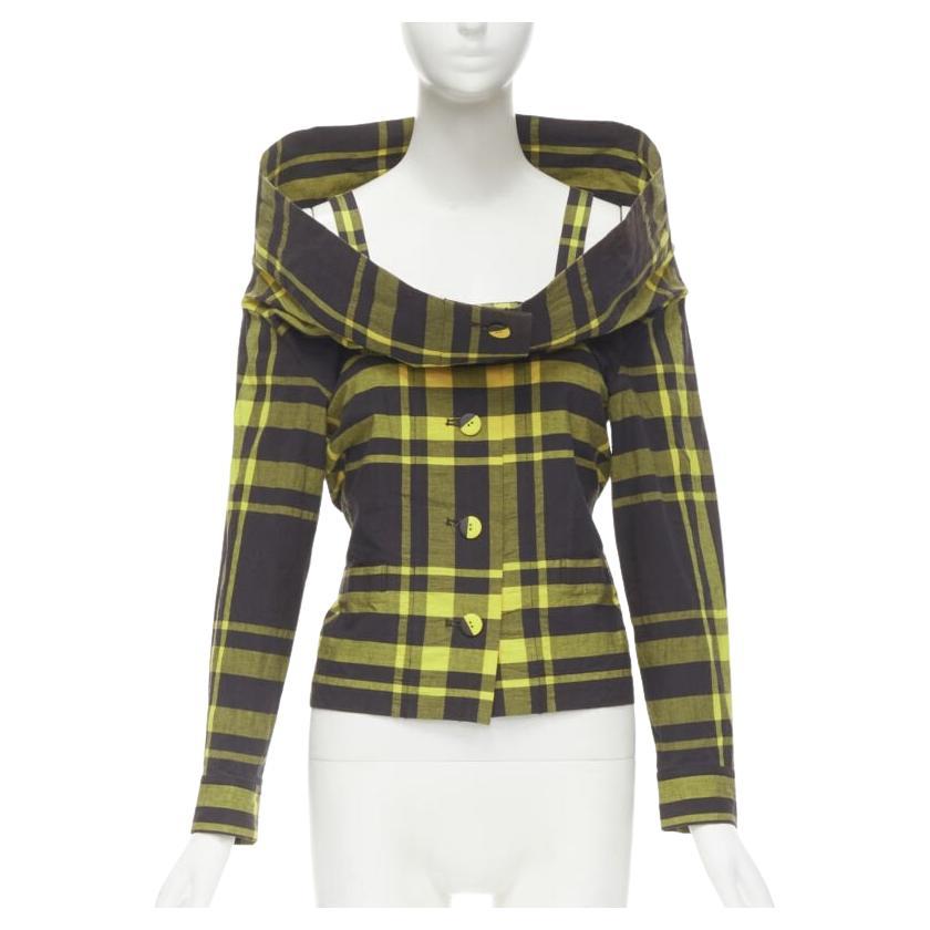 ISSEY MIYAKE Vintage schwarz gelb kariertes Baumwollhemd mit Stehkragen S Rare im Angebot