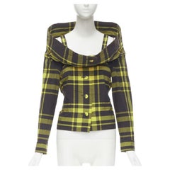 Issey Miyake Camicia vintage a quadri neri gialli in cotone con colletto in piedi S Rara