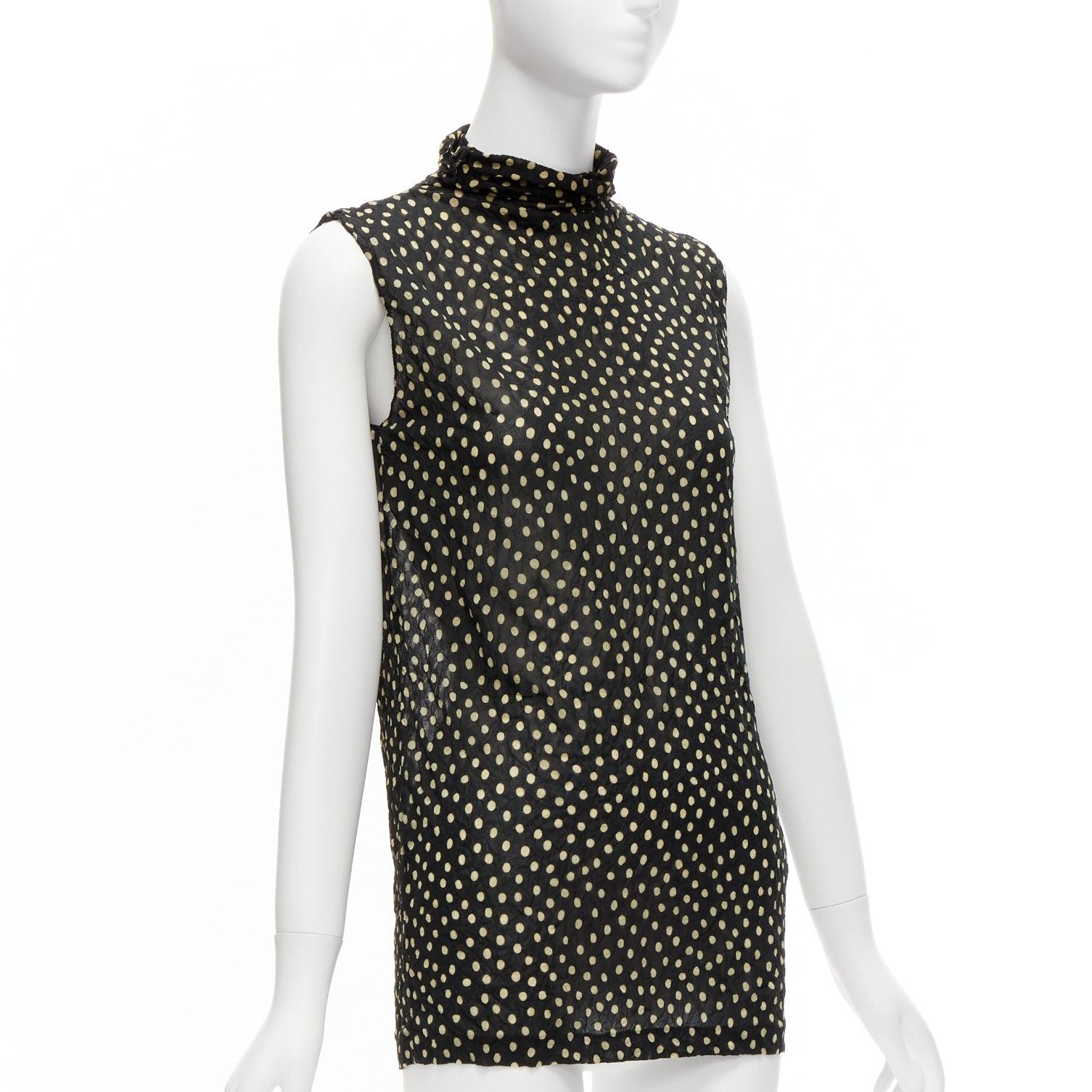 ISSEY MIYAKE Vintage black yellow polka dot crinkle sheer high neck vest top S In Excellent Condition For Sale In Hong Kong, NT