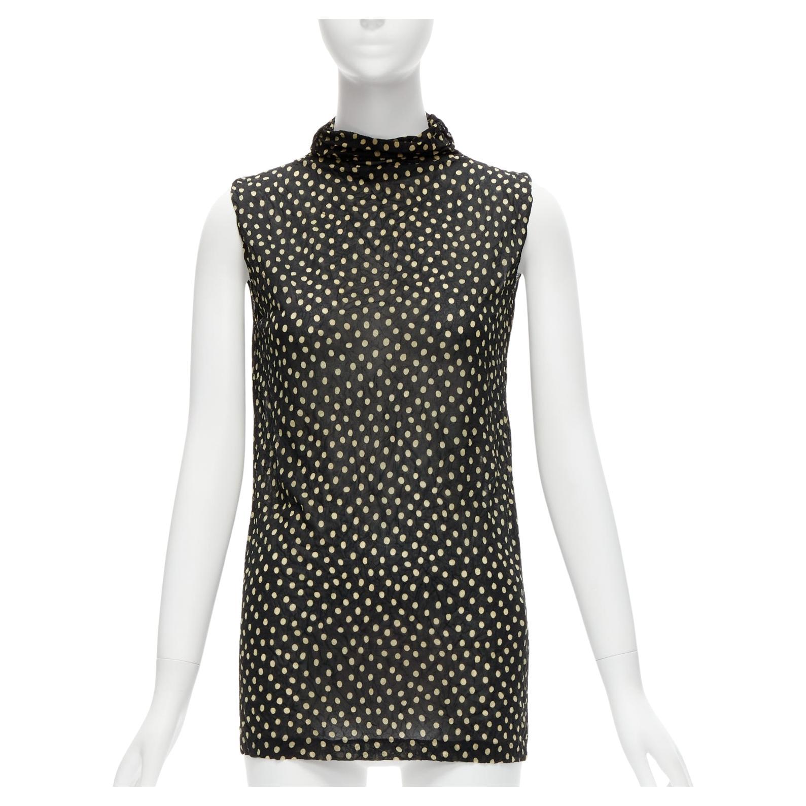 ISSEY MIYAKE Vintage black yellow polka dot crinkle sheer high neck vest top S For Sale