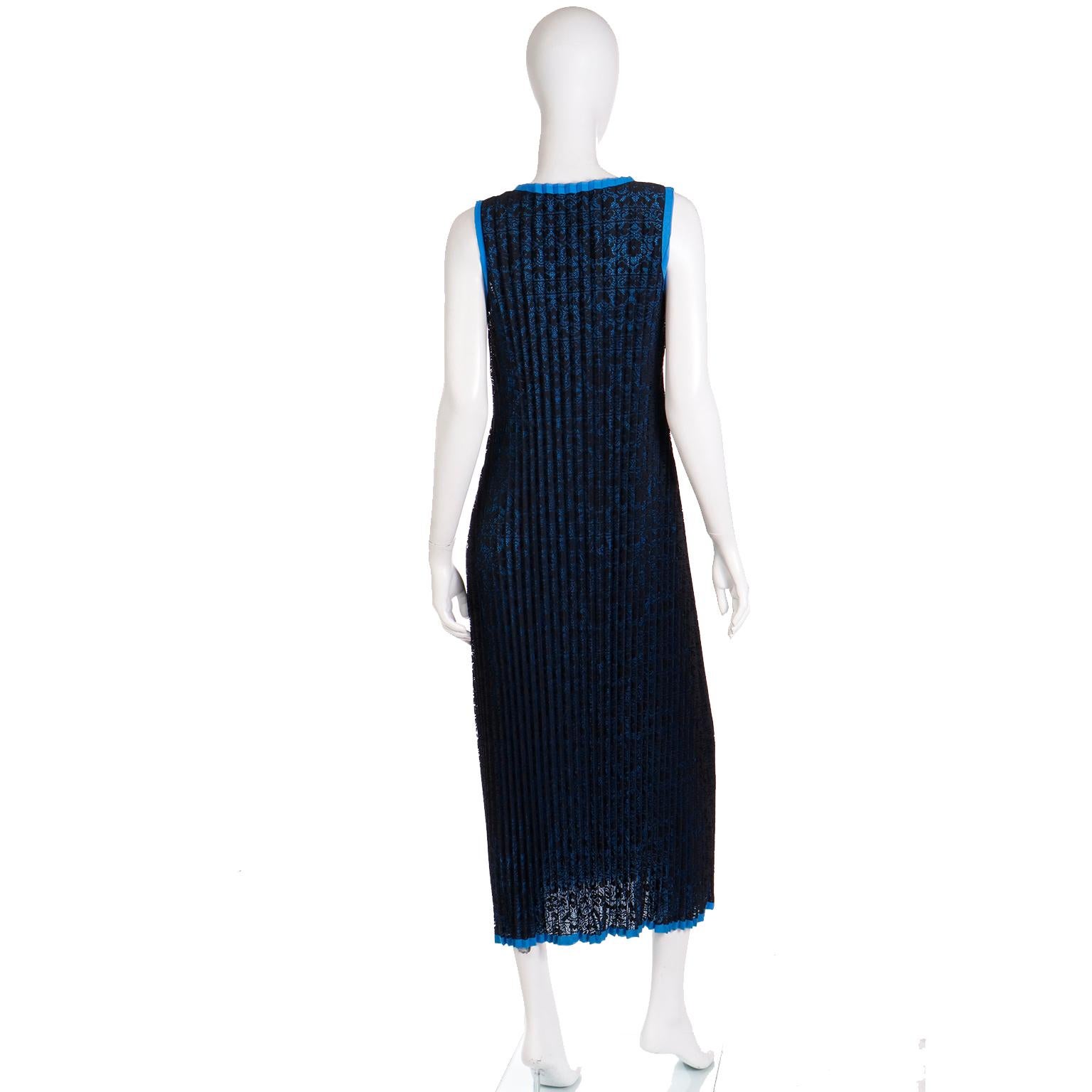 Issey Miyake Vintage Blue & Black Pleated Lace Dress In Good Condition In Portland, OR