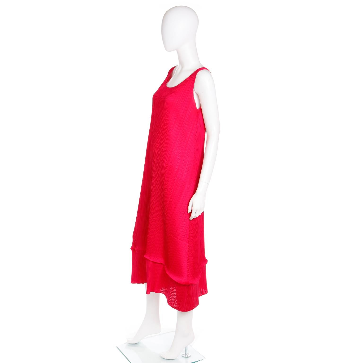 Issey Miyake Vintage Pleats Please Raspberry Pink Pleated Long Dress In Excellent Condition For Sale In Portland, OR