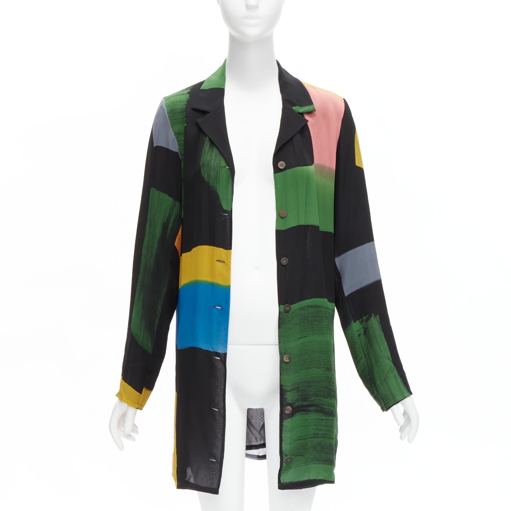 Black ISSEY MIYAKE Vintage silk colorblocked brush stroke print long overshirt jacket For Sale