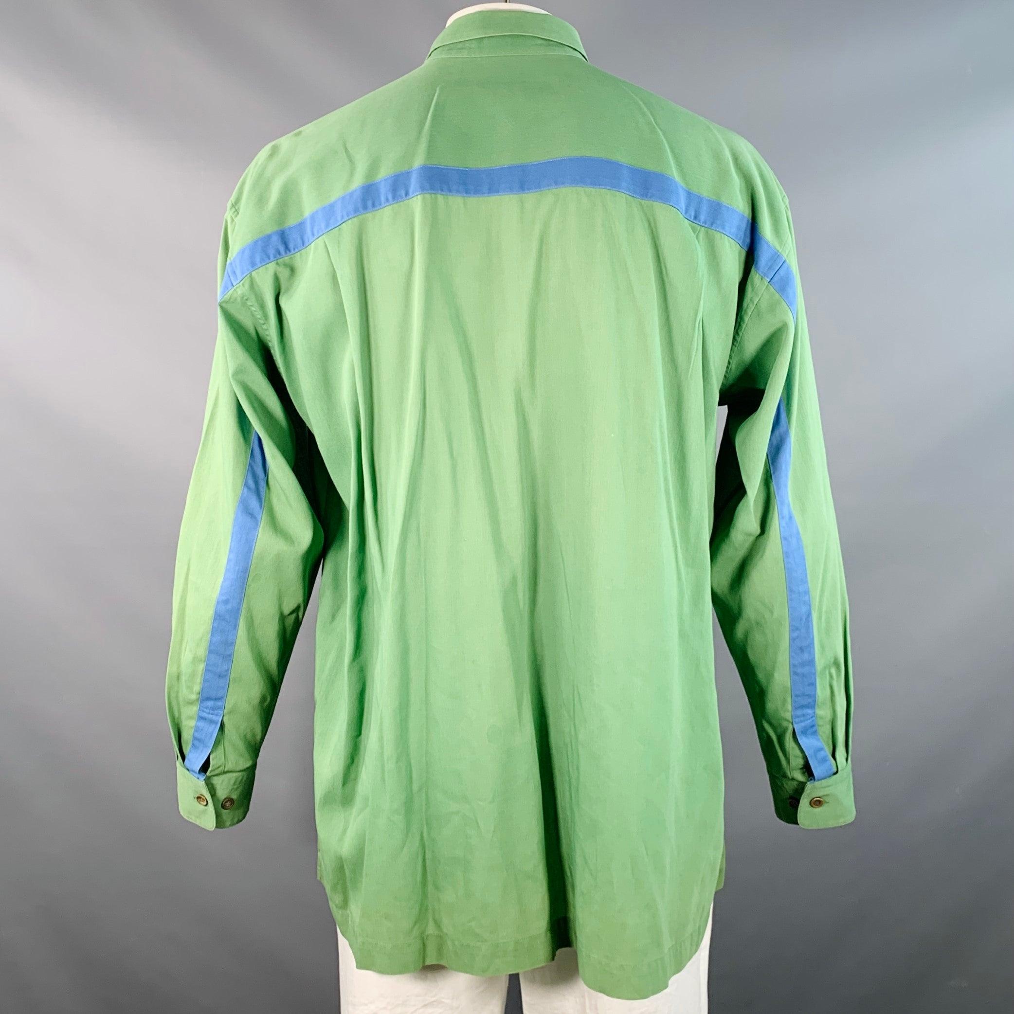 Verde Issey Miyake Vintage Taglia L Greene & Greene Greene a righe in cotone con una tasca a manica lunga in vendita