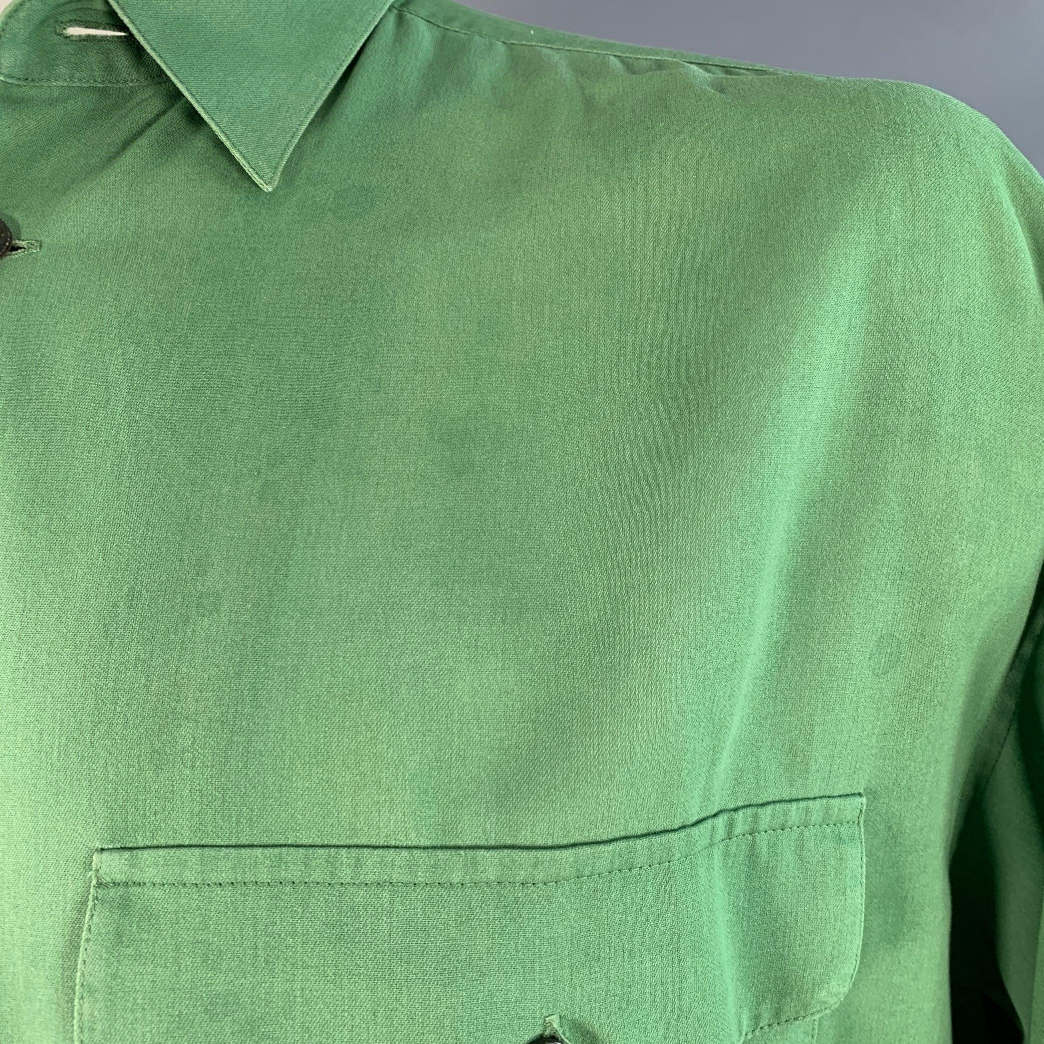 Issey Miyake Vintage Taglia L Greene & Greene Greene a righe in cotone con una tasca a manica lunga in vendita 1