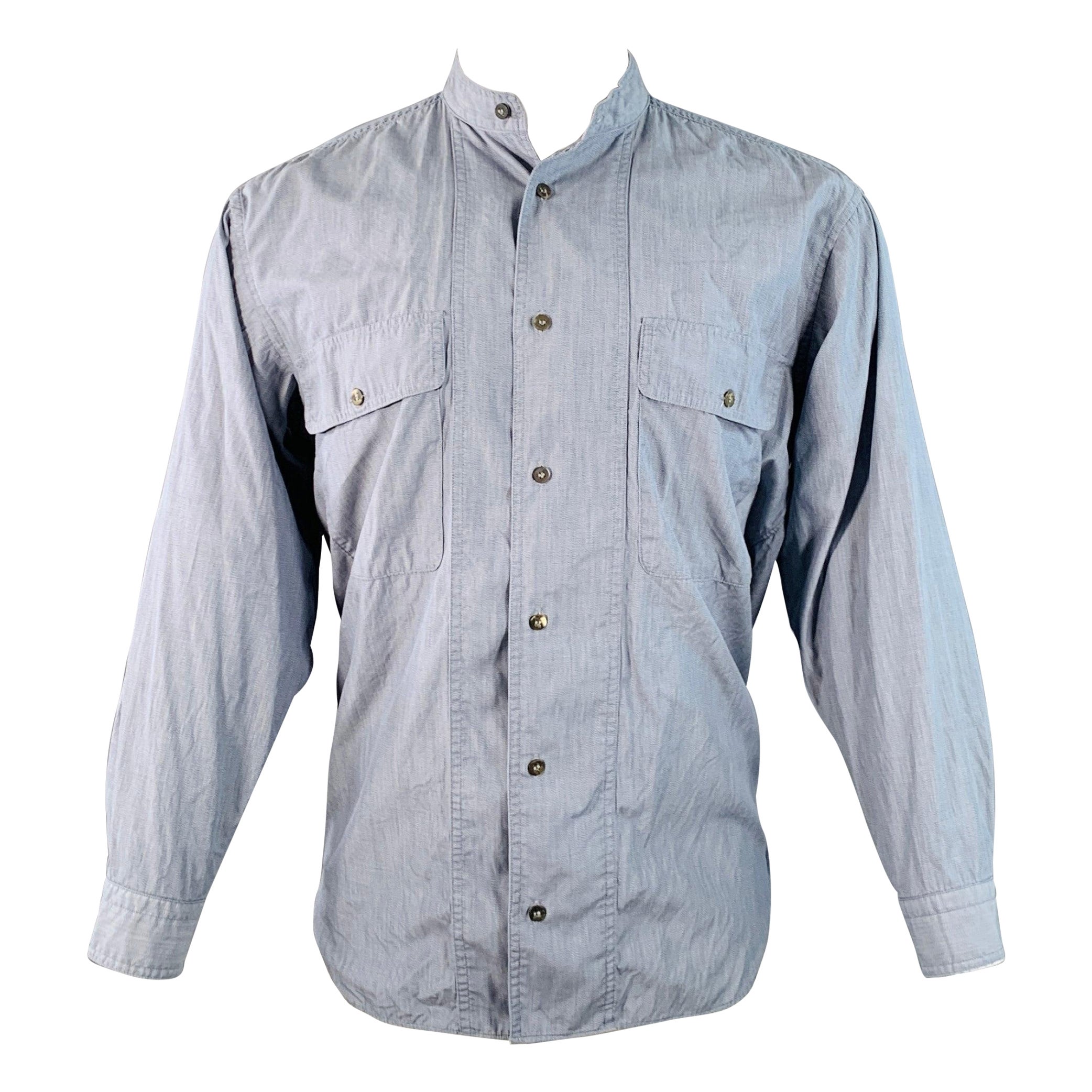 Issey Miyake Vintage Size M Bleu Chambray Cotton Nehru Collar Long Sleeve Shirt