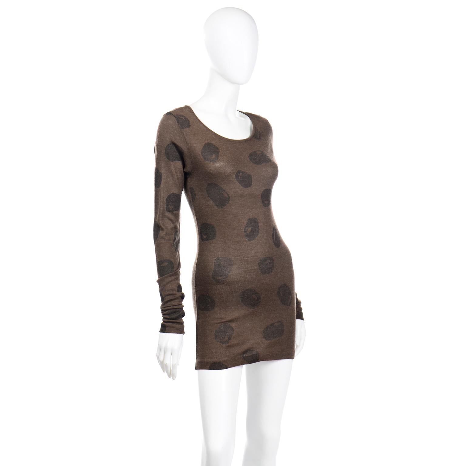 Black Issey Miyake Vintage Stretch Knit Brown Abstract Large Dot Mini Dress or Top For Sale