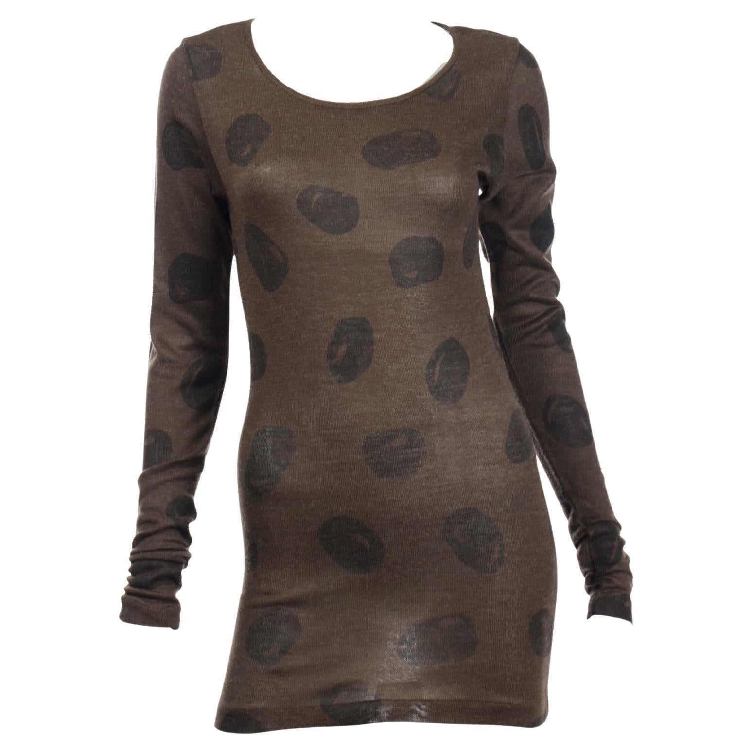 Issey Miyake Vintage Stretch Knit Brown Abstract Large Dot Mini Dress or Top For Sale