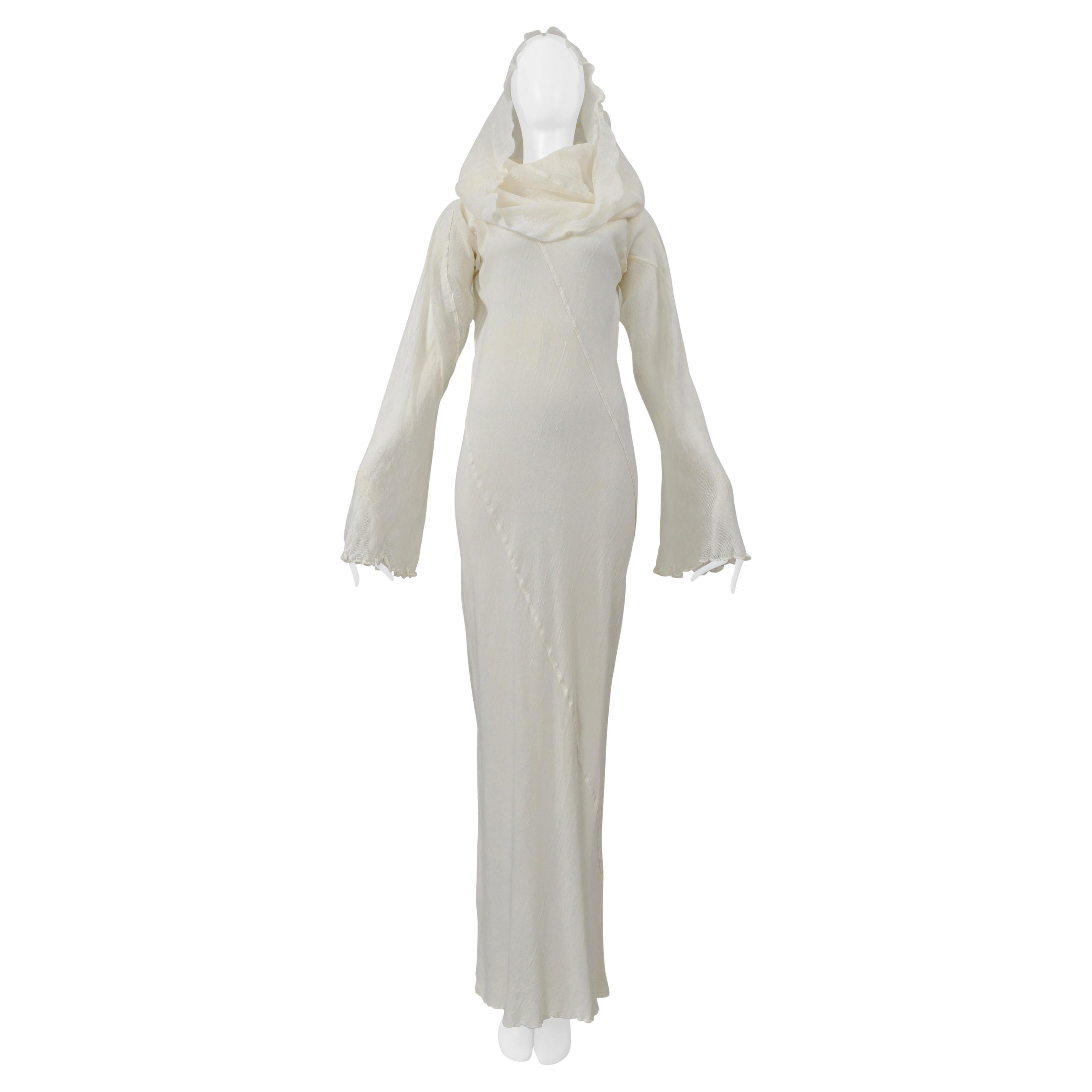 Issey Miyake - Vestito lungo in lino bianco con collo drappeggiato 1998