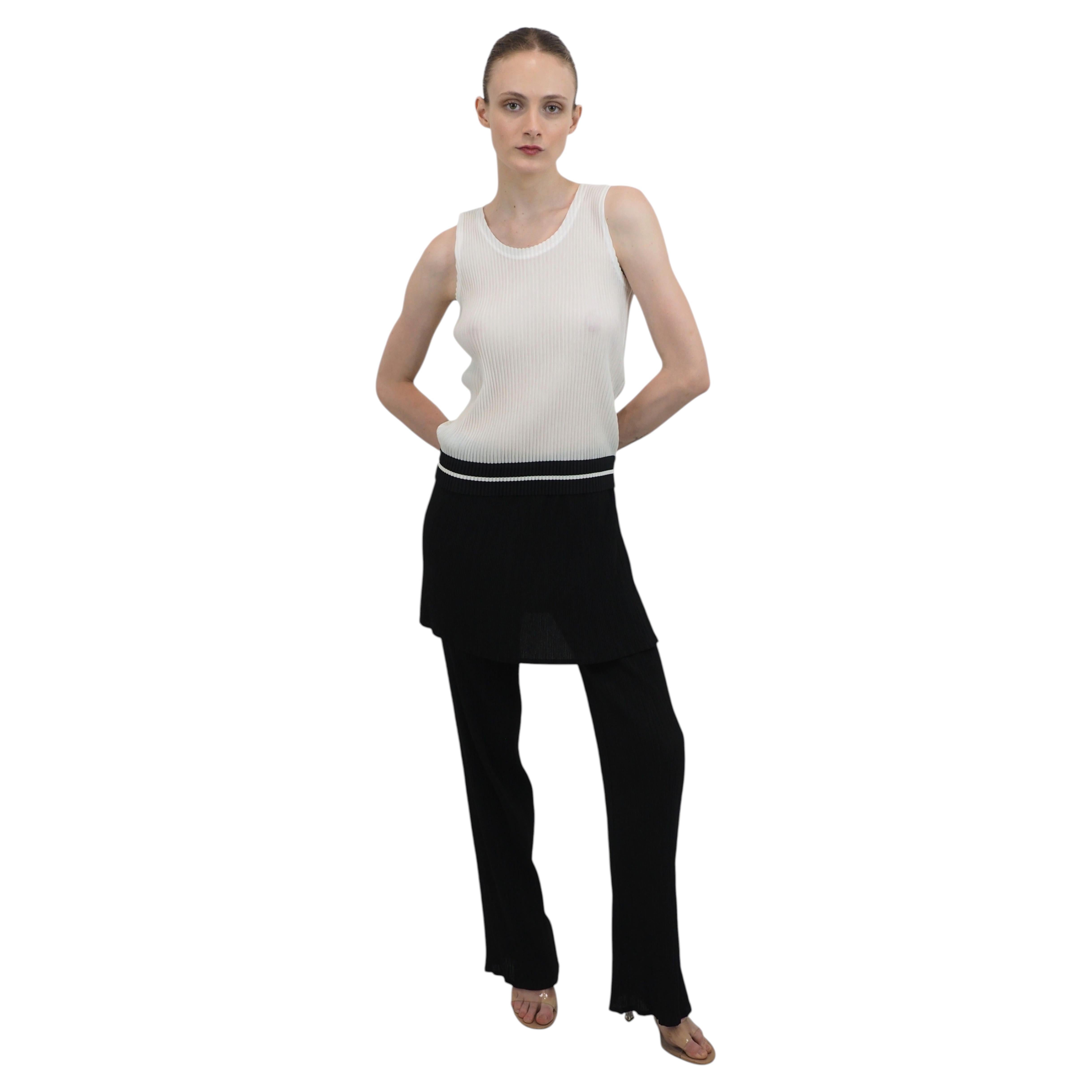 Issey Miyake White Pleated Sleeveless Top With Black Bottom Stripe For Sale