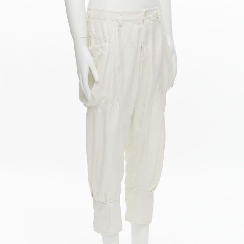 Gray ISSEY MIYAKE white polyester cargo pocket dropped crotch parachute pants JP4 L For Sale