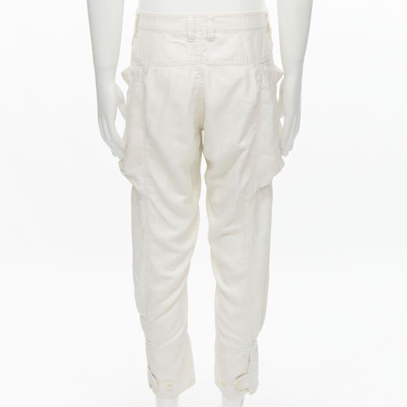 Women's ISSEY MIYAKE white polyester cargo pocket dropped crotch parachute pants JP4 L For Sale