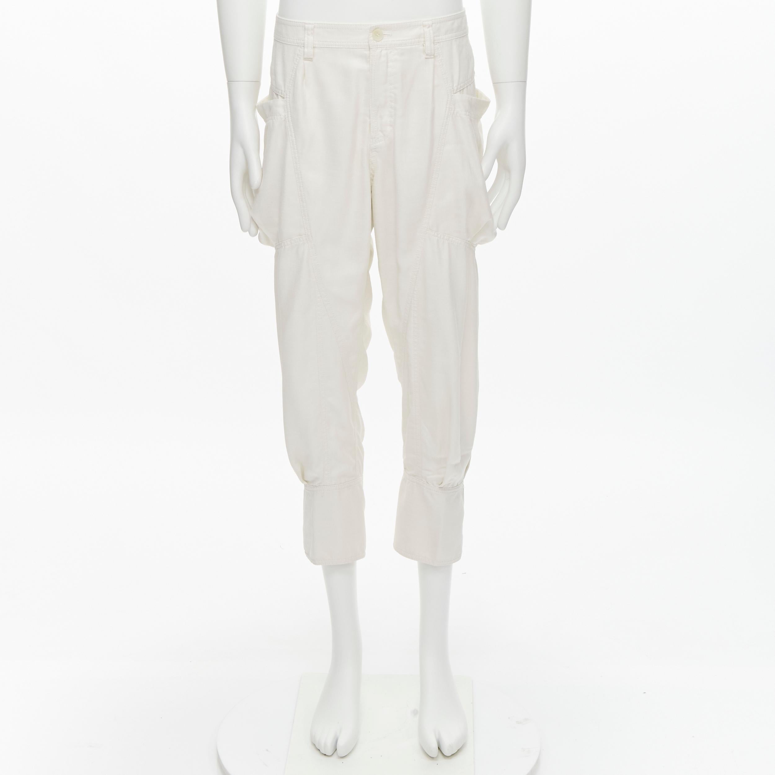 ISSEY MIYAKE white polyester cargo pocket dropped crotch parachute pants JP4 L For Sale 1