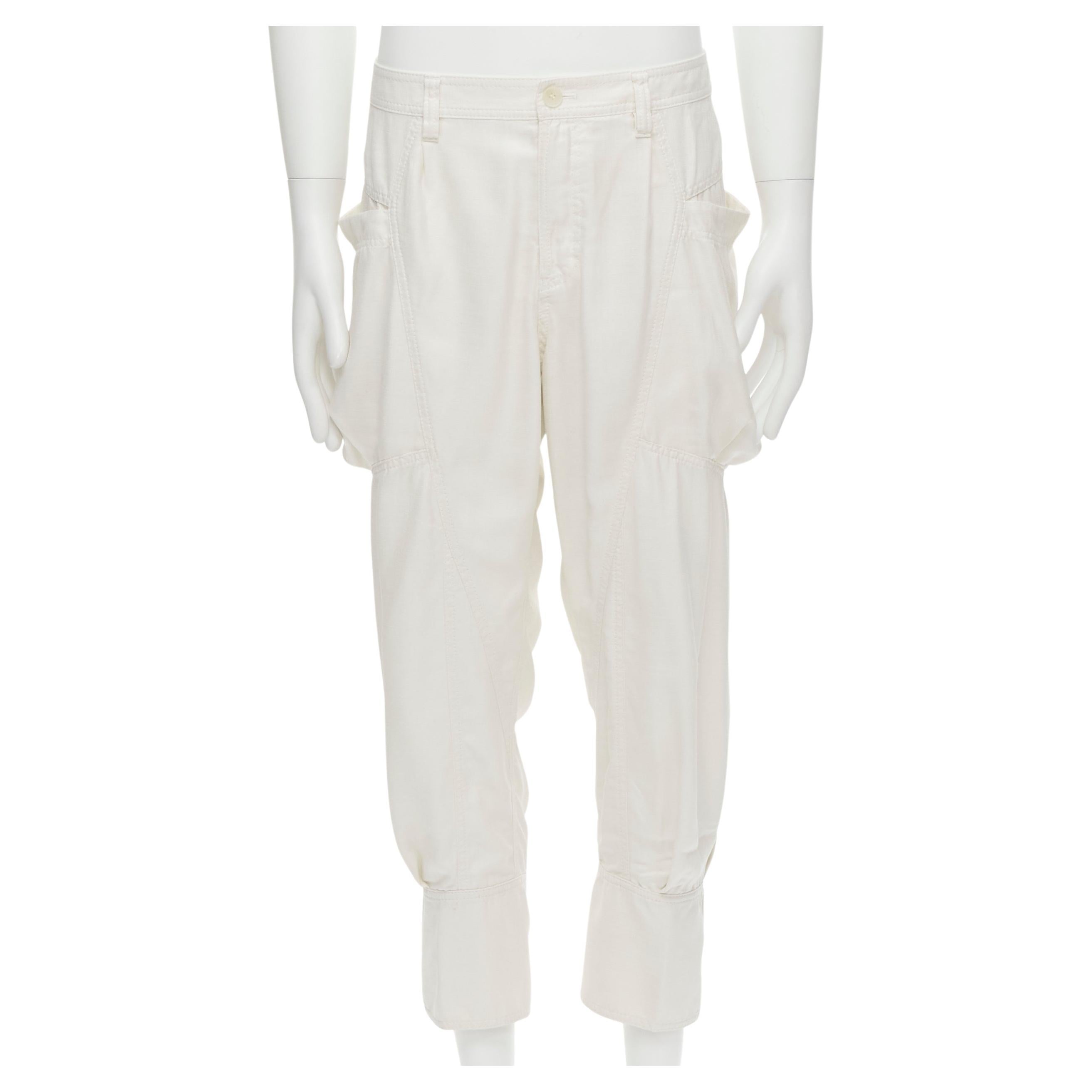 ISSEY MIYAKE white polyester cargo pocket dropped crotch parachute pants JP4 L For Sale