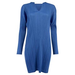 Issey Miyake Women's Blue Pleated V-Neck Mini Dress