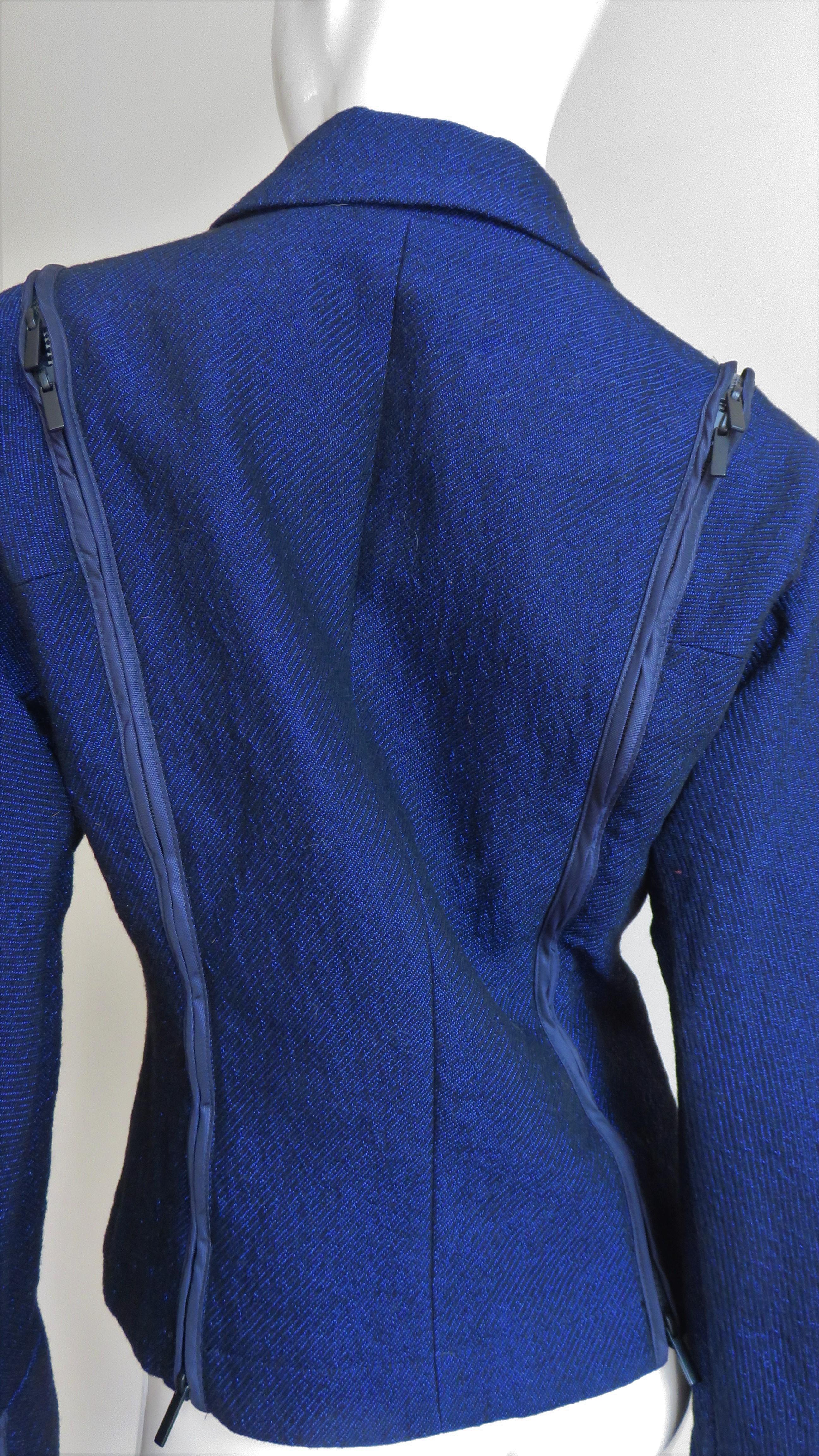 Issey Miyake Blue Wool Jacket with Zipper Parachute Panels For Sale 6